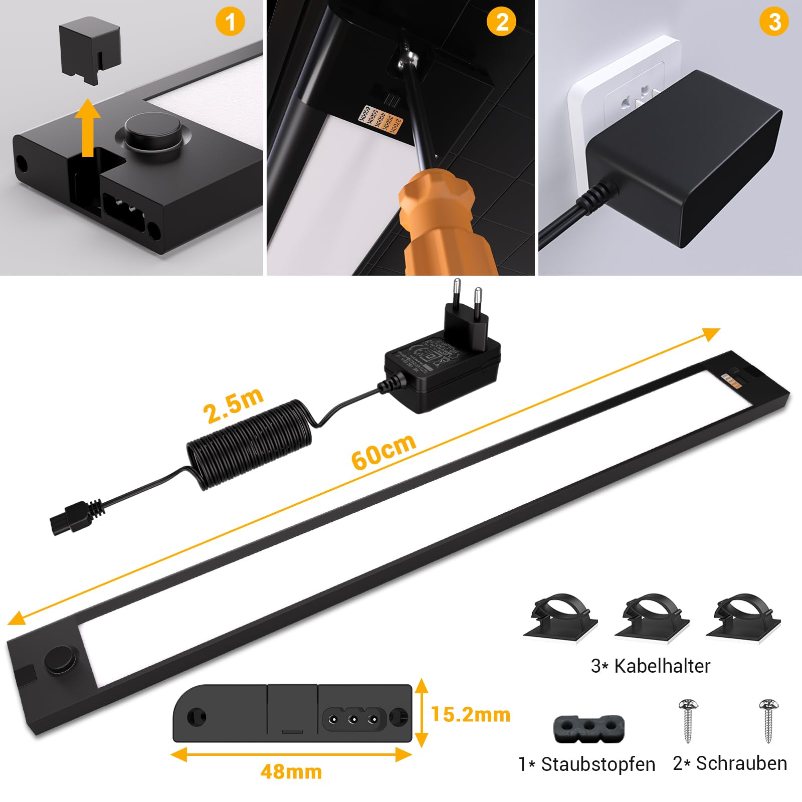 WOBANE 60cm Unterbauleuchte Küche LED, Aluminium, 5 Farben Dimmbar, 1200LM