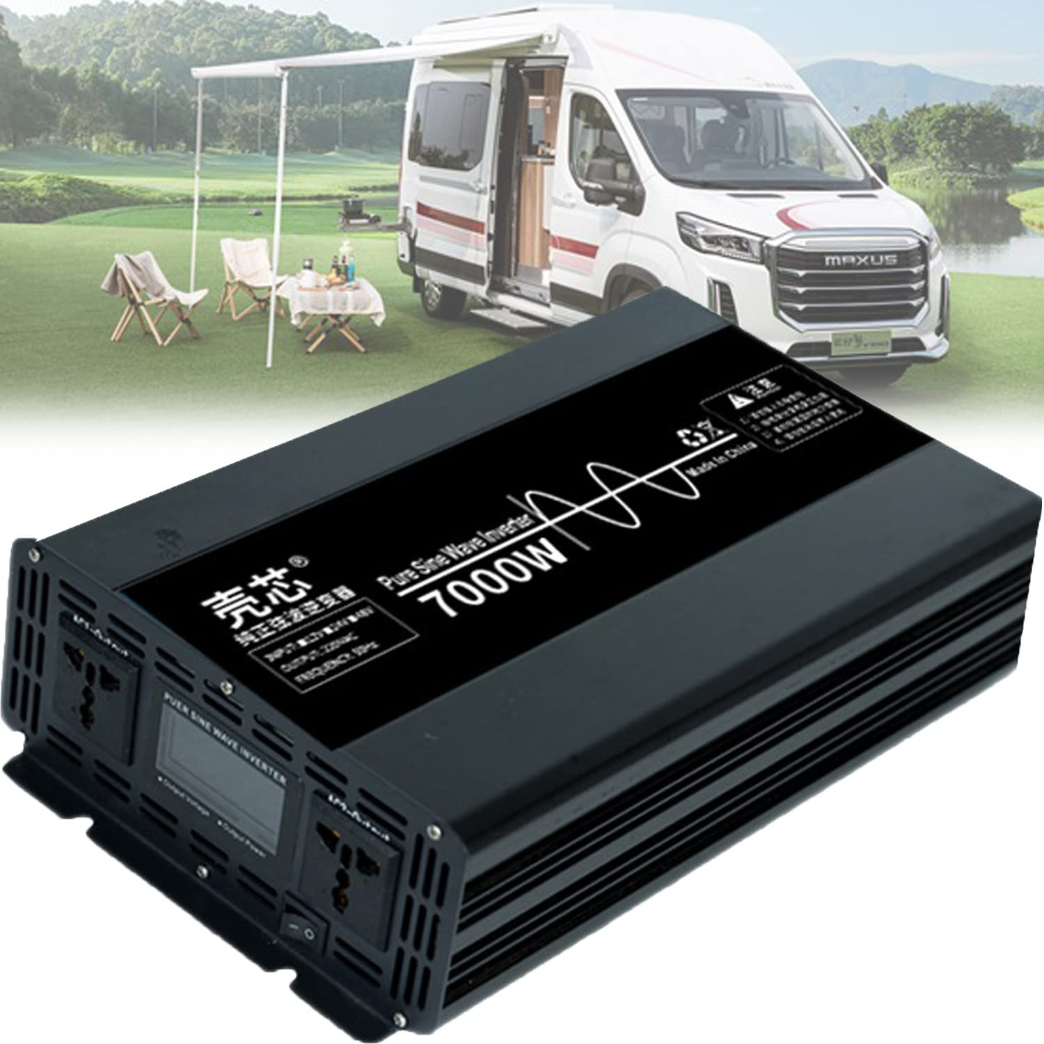 1600W/3000W/3500W/4500W/7000W/10000W przetwornica napięcia 12V/24V/48V/60V do 220V/230V czysta fala sinusoidalna falownik z 2 gniazdami EU ekran LCD, konwerter samochodowy,7000W-12V