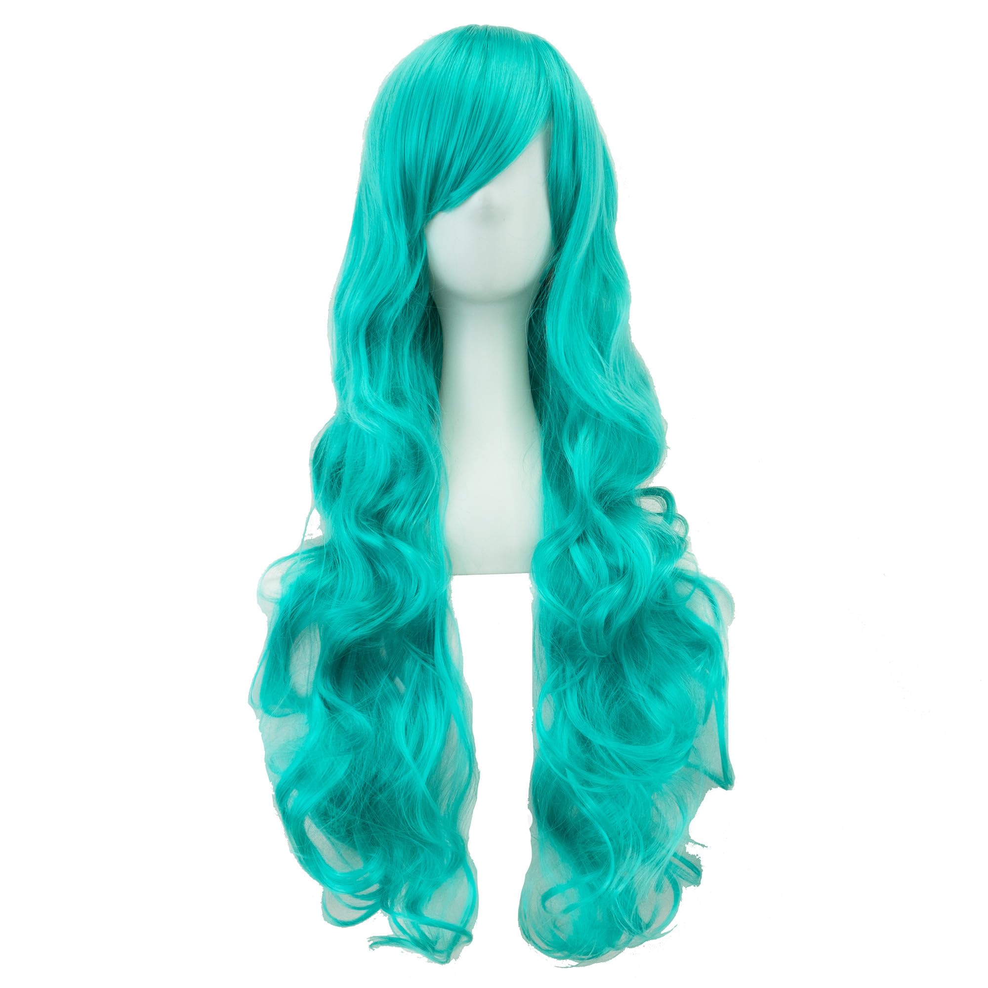 IMISSU 80cm Long Curly Natural Hair Cosplay Wig with Bangs Colorful Halloween Costume Party Wigs for Women (Lake Blue) - Image 2