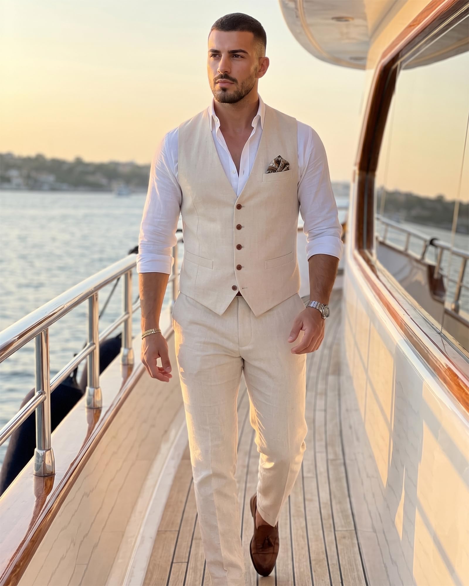 Herrenanzug, 3-teilig, Leinen, schmale Passform, Blazer, Weste, Hose, Set, Hochzeit, Abschlussball, Smoking, Business, Freizeitanzug