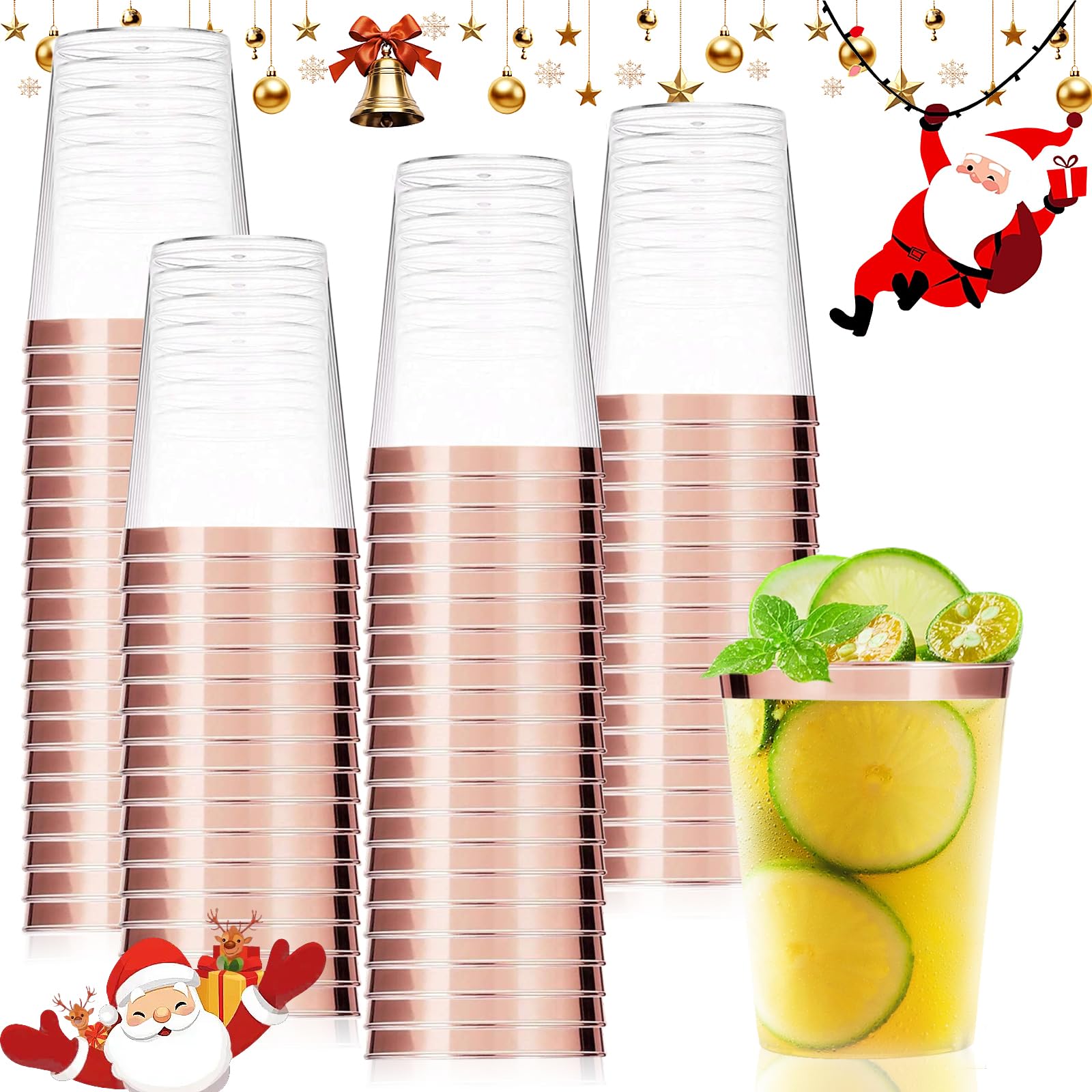 Auauraintt 50 Bicchieri Di Plastica Con Rivestimento lucido metallizzato, 280 ml, In PS, Riutilizzabili, Eleganti Bicchieri Da Vino Per Champagne e Birra, Cocktail, Martini, Soda Dessert (Oro rosa)