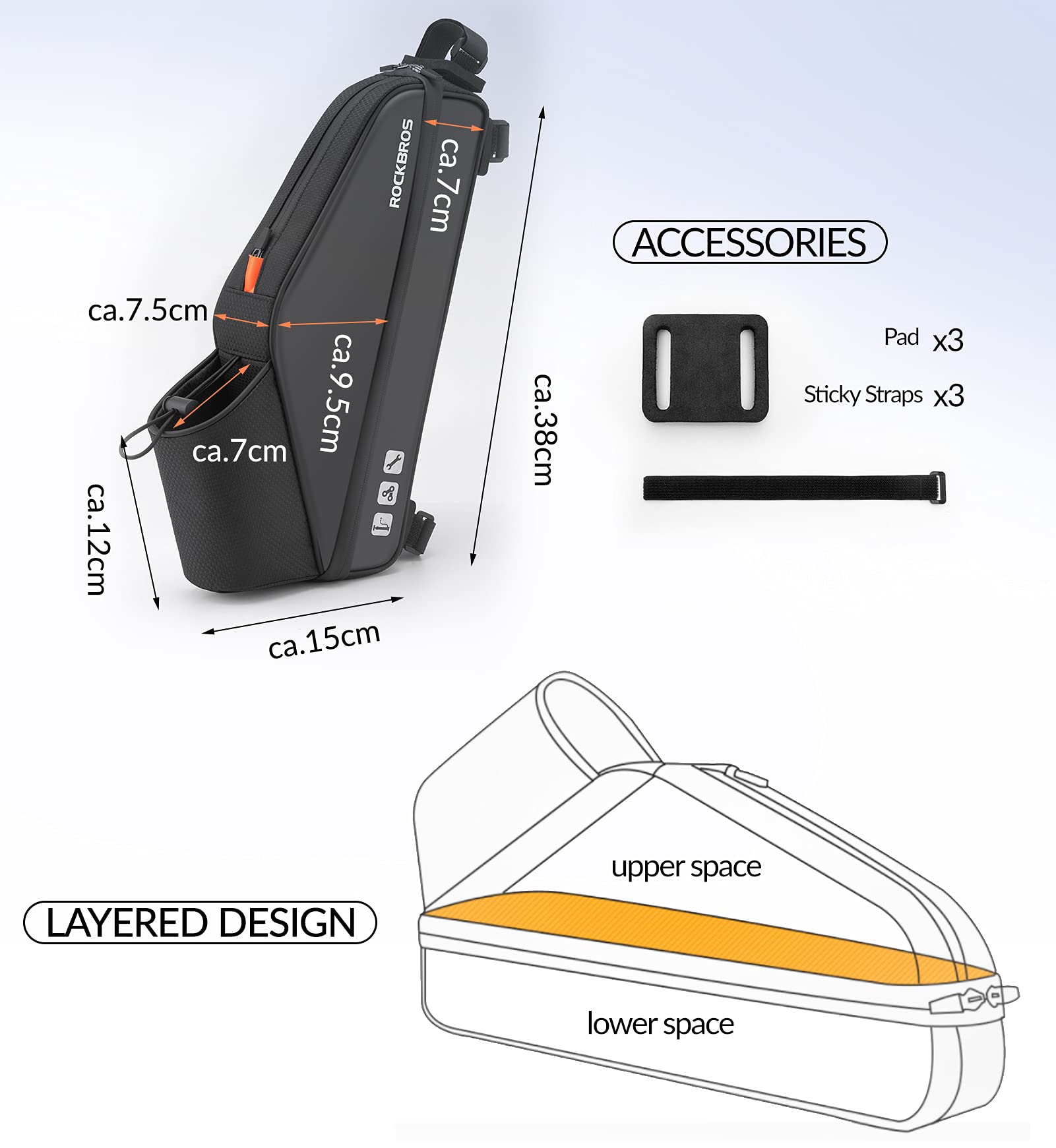 ROCKBROS Borsa da Bicicletta Tubo Telaio Triangolo, Borsa Impermeabile con Tasca per Bottiglia, con Portaborraccia per Pieghevole Bici, Scooter, circa 1,5L