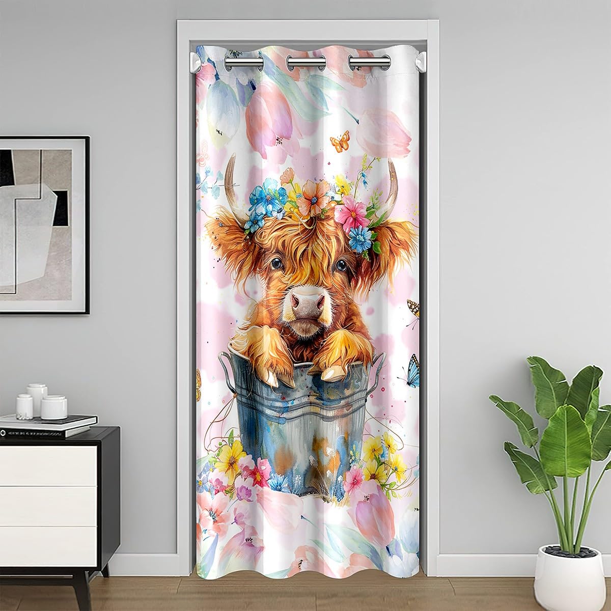 Feelyou Highland Cow Door Curtain for Doorway Privacy 34"x80" Cute Farm Animals Closet Door Cover Curtain for Bedroom Living Room Floral Highland