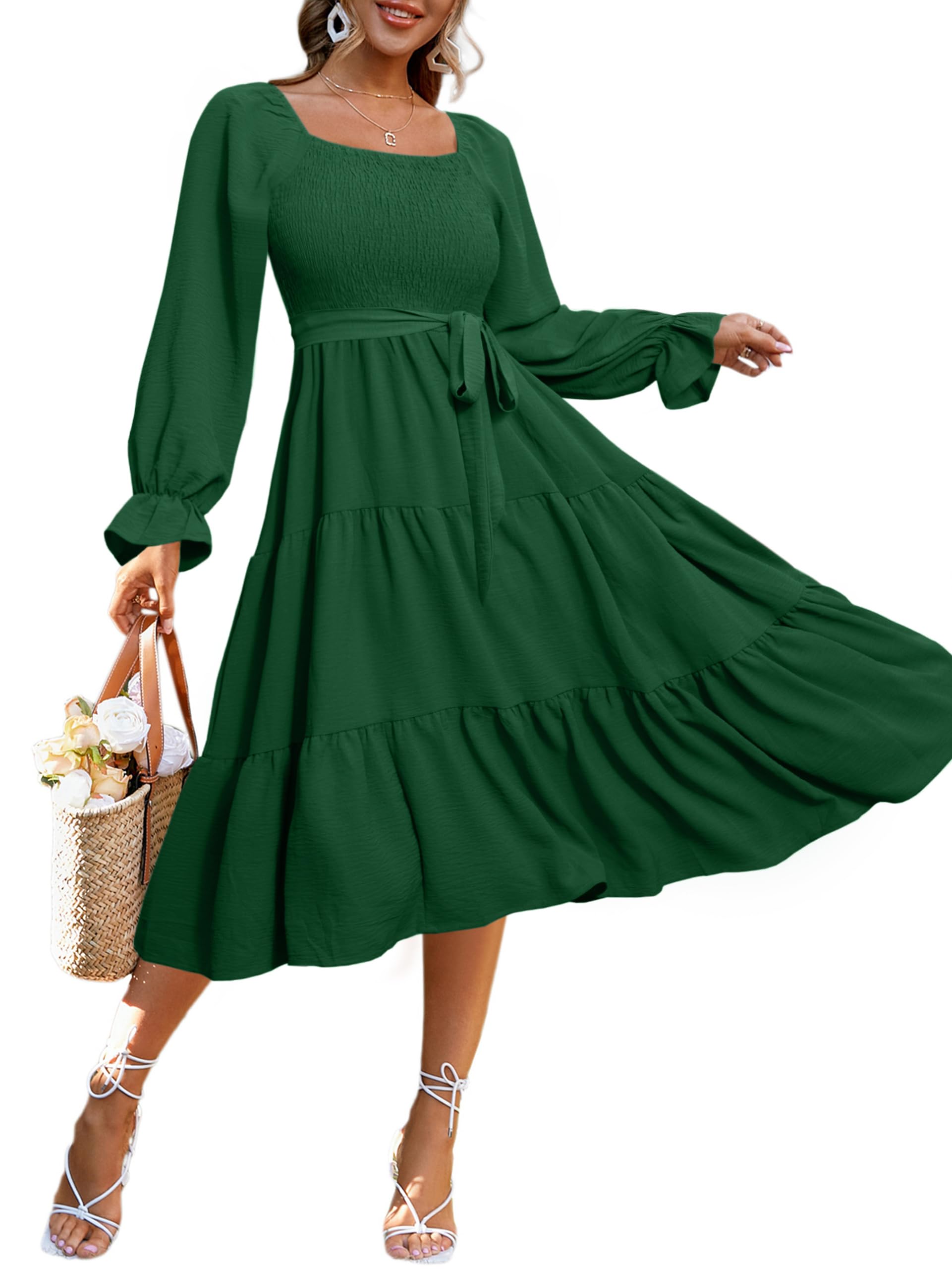 Simplee Womens Long Sleeve Maxi Dress Casual Square Neck Smocked Flowy Fall Wedding Guest Dresses