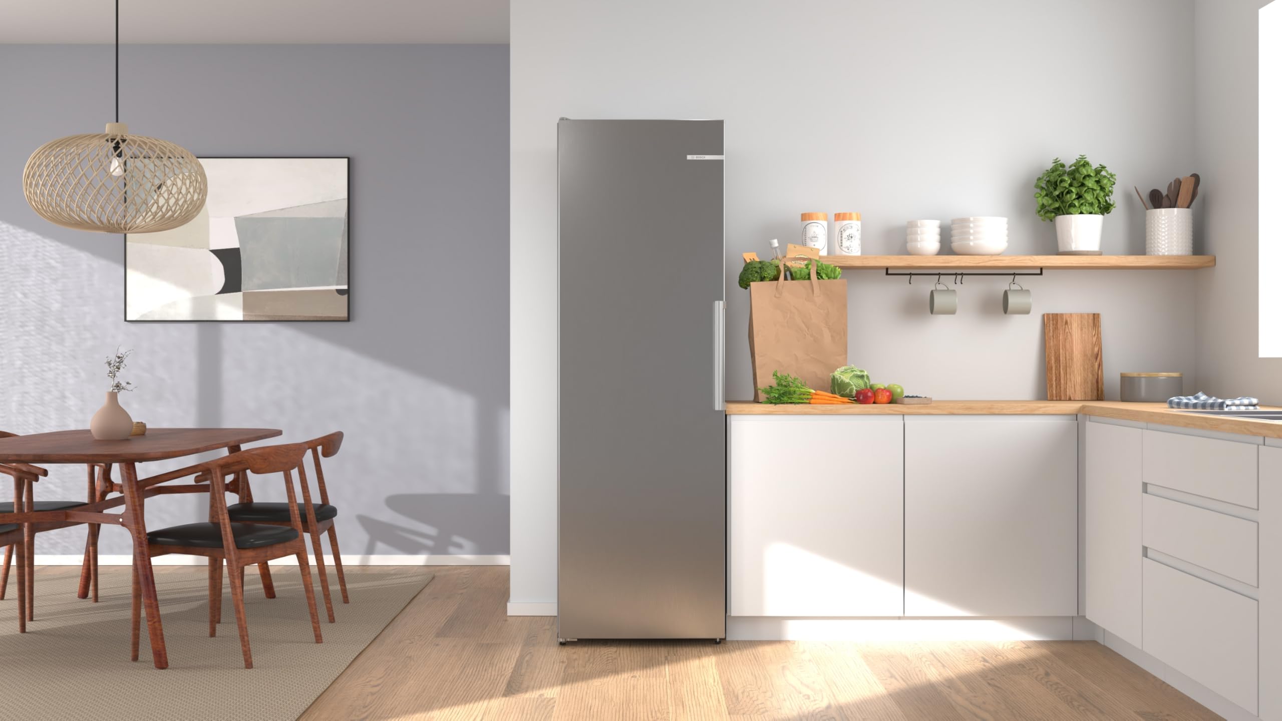 Bosch Seria 4 lodówka wolnostojąca 186,2 x 59,5 cm, KSN36VLDG, pojemność użytkowa 402 l, Total No Frost, VitaFresh XXL 0°C, MultiAirflow zapewnia równomierne chłodzenie, Home Connect, wygląd metalu