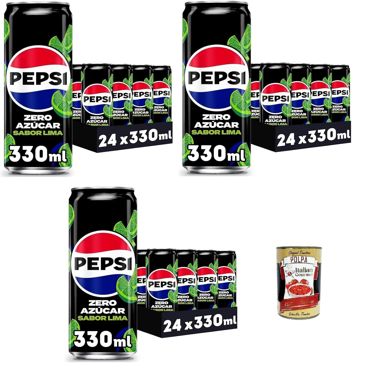 Italian Gourmet Bundle 72x Zero Zucker Lime Softdrink 330ml Dosen + Italian Gourmet Polpa Gratis – Erfrischendes Cola Getränk mit Limetten Geschmack – Sugar Free Vorratspack