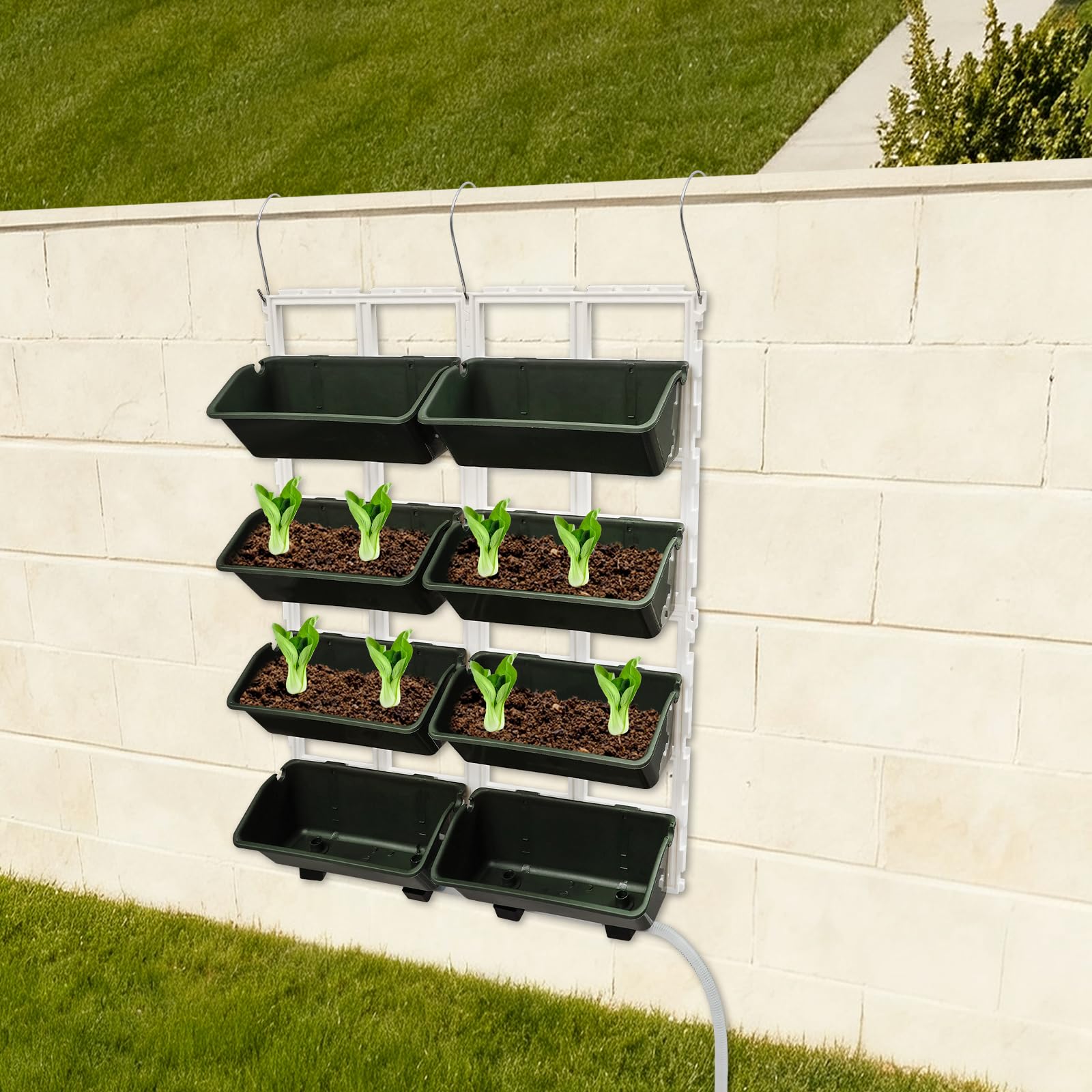 Hängende vertikale Wand Pflanze mit 8 Taschen und Tropfbewässerungsrohr, Pflanzenwand Vertikaler Garten Pflanzenwand Blumentopf Set für Hof Garten Balkon Home Decoration (Dunkelgrün)