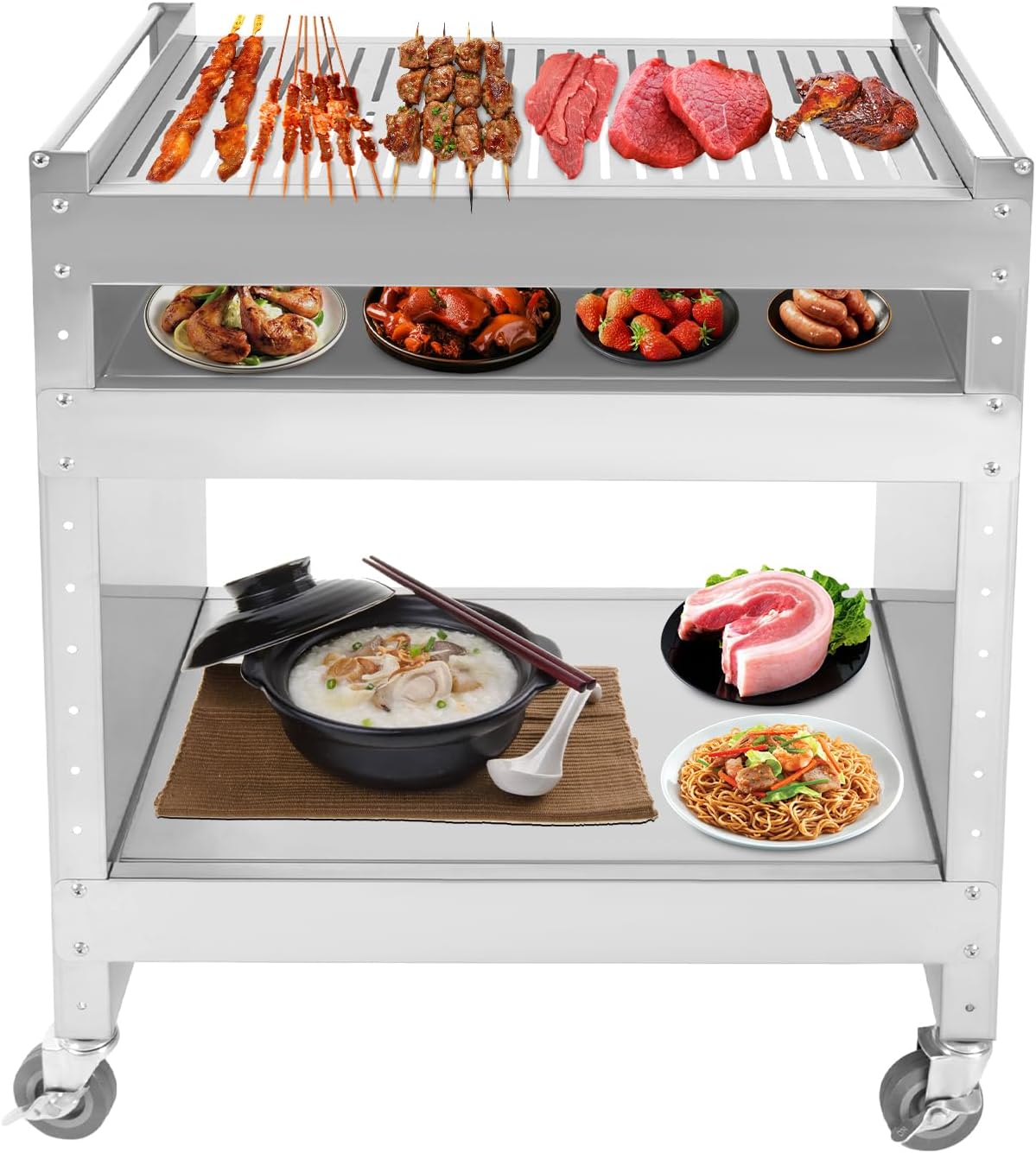 Grill Carts, 23.23 x 15.94 x 32.28 Inch Stainless Steel Barbecue Cart Adjustable Layer Board Heigh Picnic Cart with 4 Universal Wheels for Family Gatherings, Outdoor Barbecues, Camping
