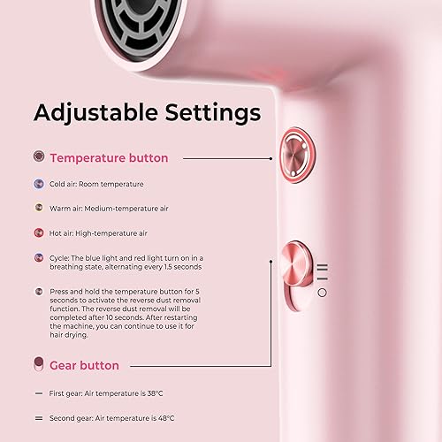Miniatura 6 de Mini secador de pelo, secador de pelo iónico de alta velocidad de 4 temperaturas, secado de pelo pequeño portátil ligero de 2 velocidades, secador