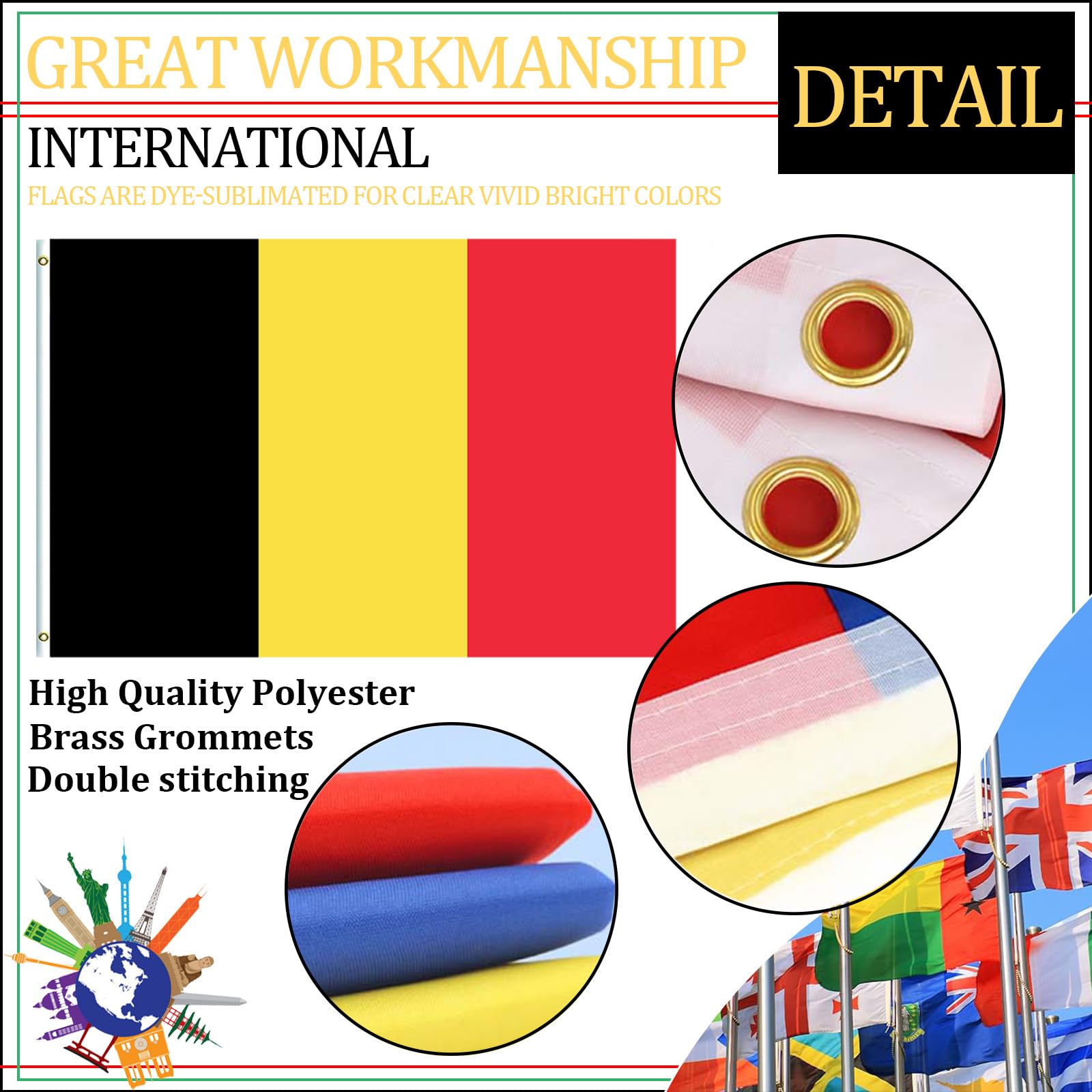 Large Belgium Flag 5ftx3ft with Eyelets for Fifa World Cup Football 2026 Decorations,Big Belgian Flags for Indoor Outdoor Sports Garden Event Eurovision Euro Football Belgium Party Decorations - Image 3