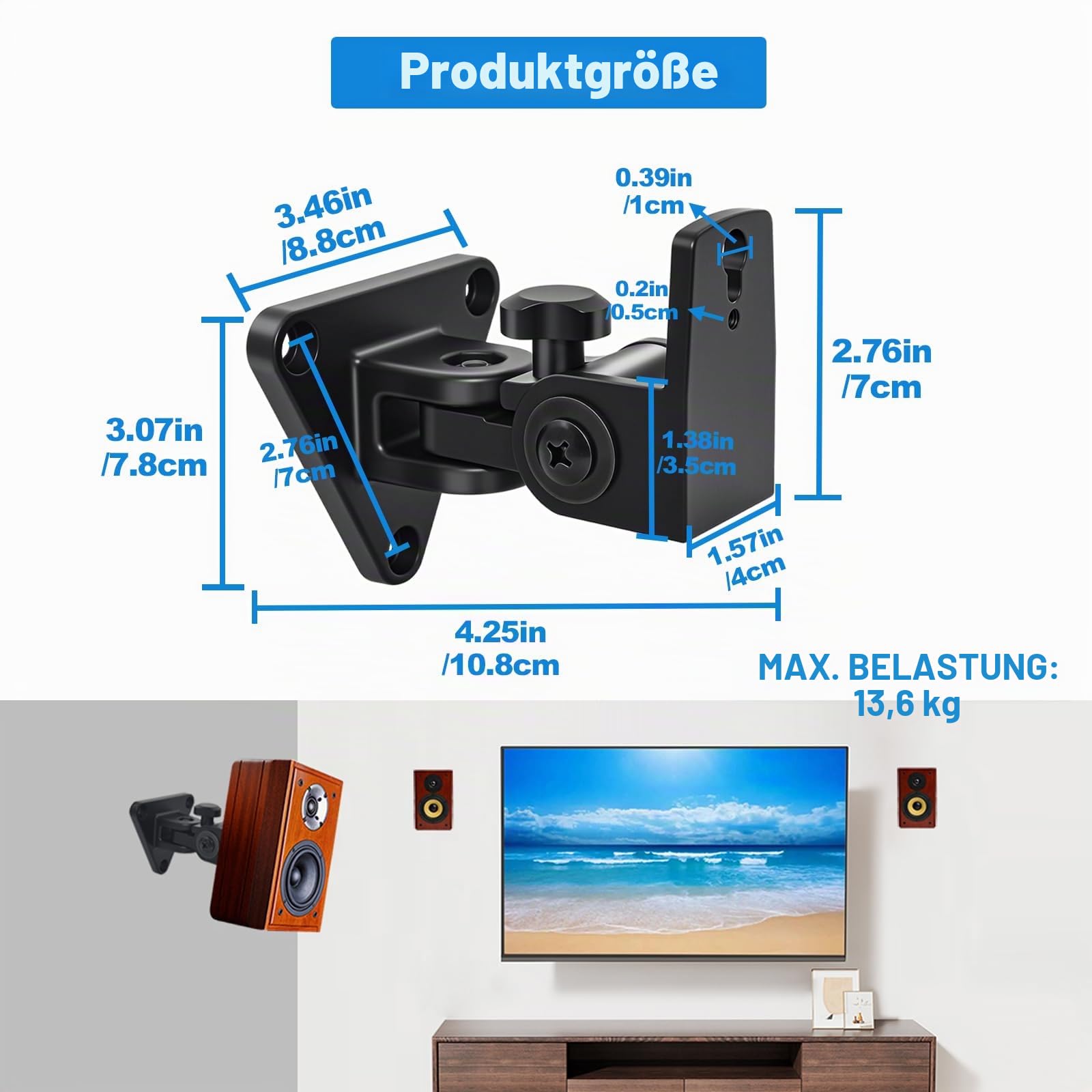 Lautsprecher Wandhalterung, schwen und neigbar, Wandhalterung aus Aluminium für kleine Lautsprecher, Tragkraft bis zu 30 lbs, HD-818, 2er-Pack (schwarz)