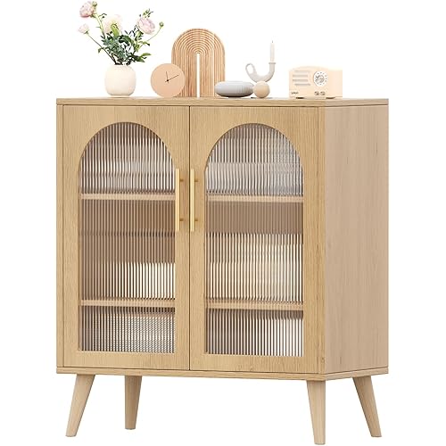 Rovaurx Accent Storage Cabinet with Acrylic Glass Doors, 29.5" Modern Sideboard Buffet Cabinet, Bathroom Floor Storage Cabinet with Storage, for Dining Room, Living Room, Natural BMGZ108MC-2