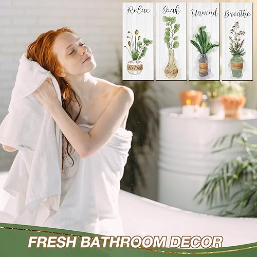 Miniatura 5 de Gerrii 4 piezas de decoración de pared de baño botánico bohemio para relajarse, relajarse, respirar, decoración de pared de baño, decoración de