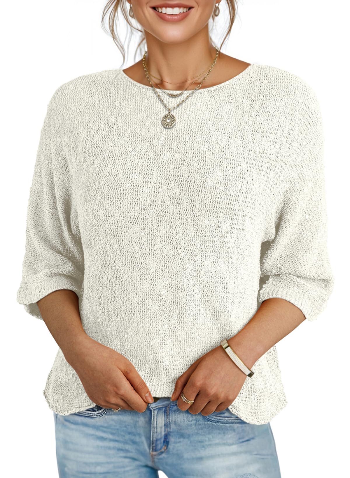 Dokotoo Womens Crewneck 3/4 Sleeve Knit Pullover Sweaters