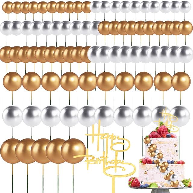 86 Pcs Balls Cake Topper, Foam Round Ball Cake Picks Mini Balloon Cupcake Topper Happy Birthday DIY Cake Insert Topper for Birthday Baby Shower Wedding Party Cake Decoration Mixed Size - Gold+Silver