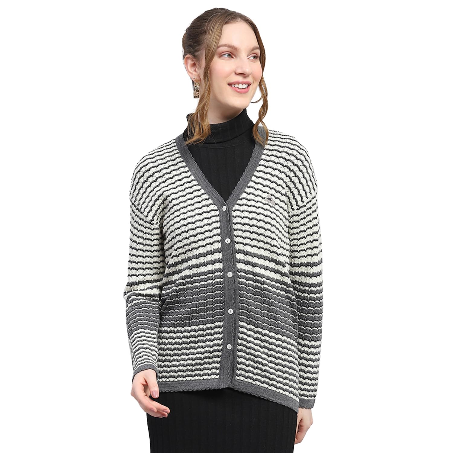 Womens Grey Self Design V Neck Full Sleeve Cardigan