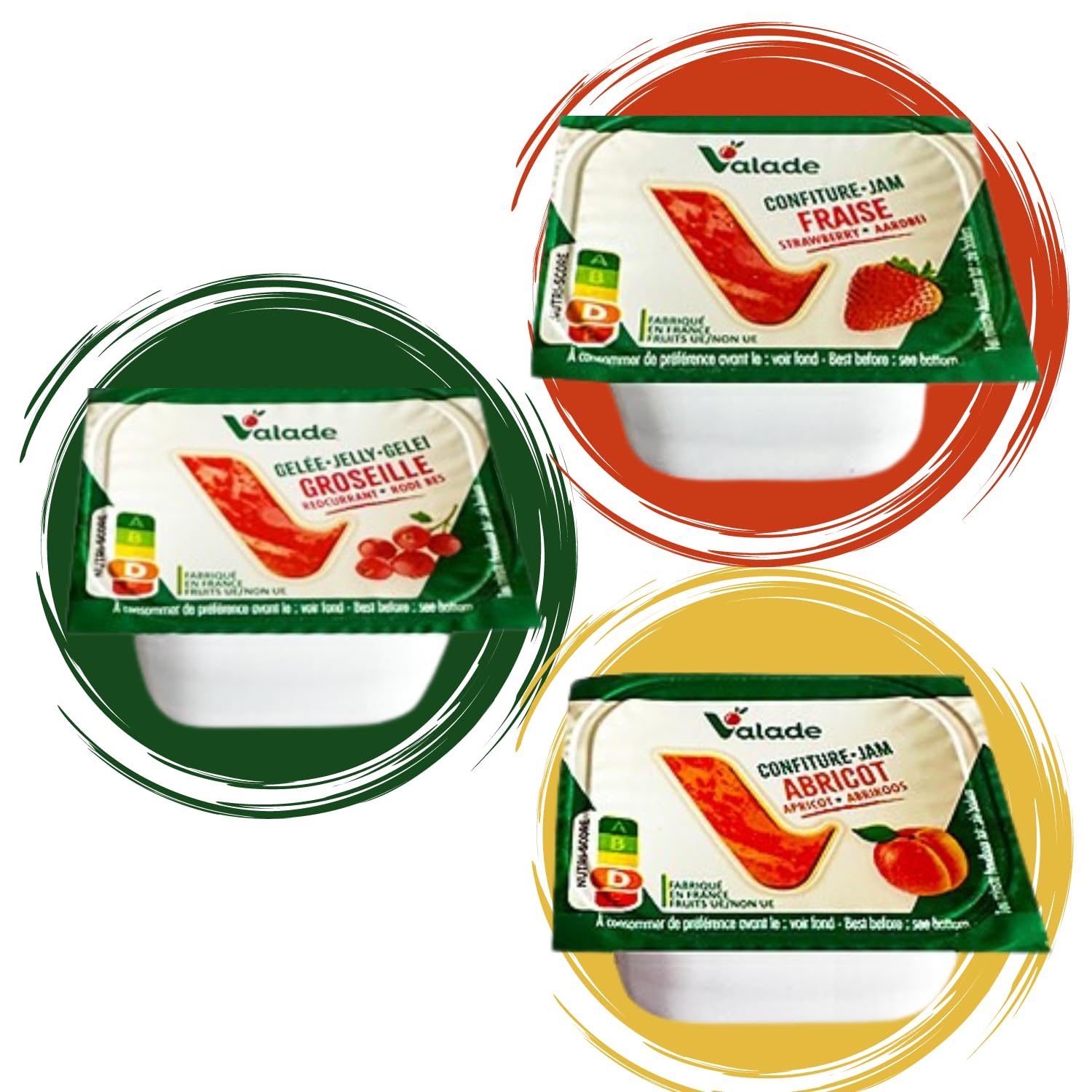 VALADE | 60 barquettes de confiture et gelée : abricot,fraise,groseille | doses individuelles de 30g pour un plaisir sans excès, pratique à emporter, idéal pour la restauration et les Airbnb