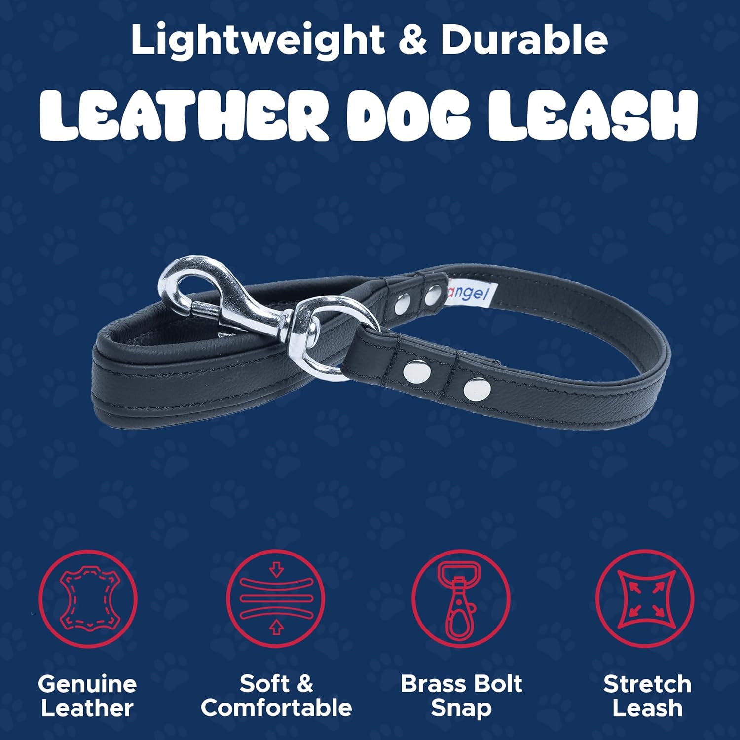 Angel Pet Supplies, Alpine Genuine Leather Black Padded Traffic Leash, 22" x 3/4", Short Lead, Padded Handle, Brass Snap, Double ply