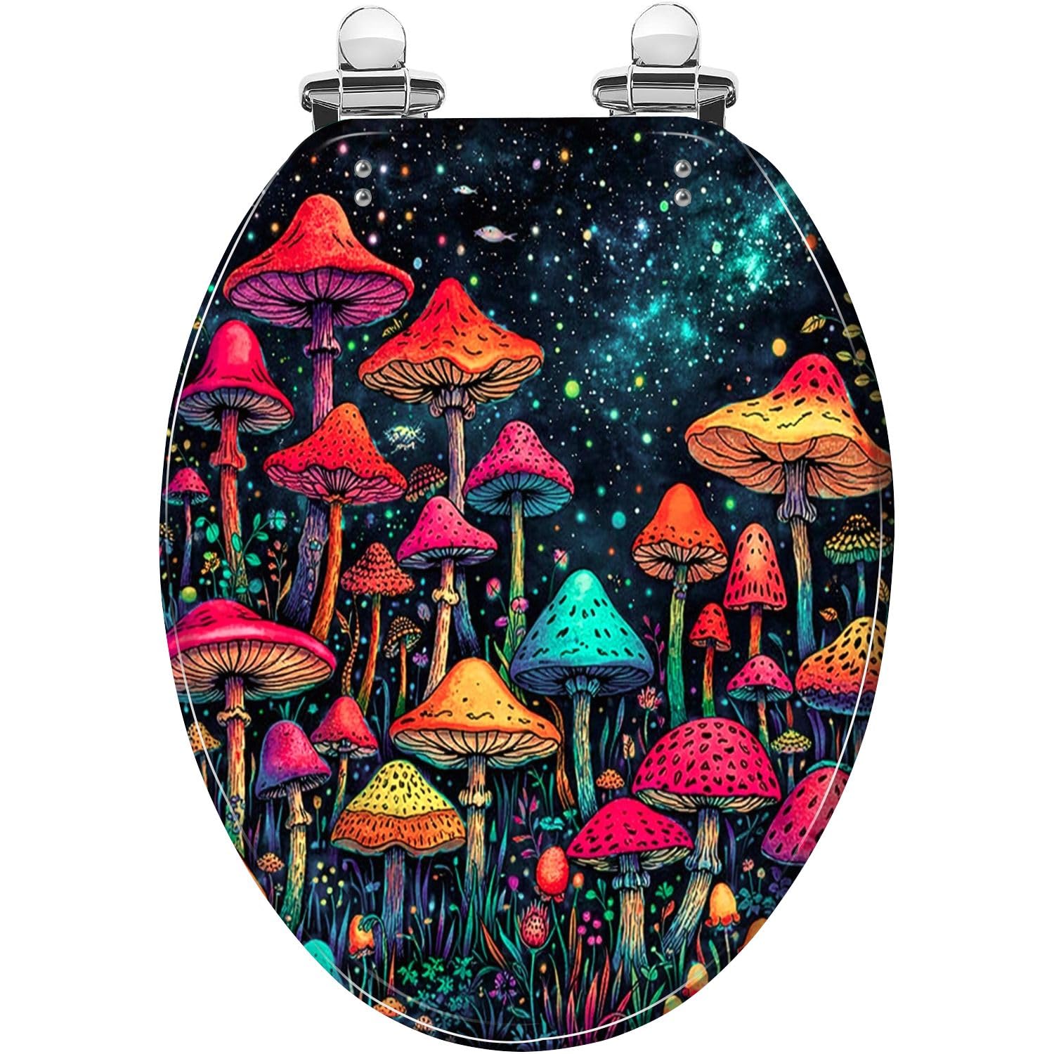 Cosmic Forest seat, Vibrant Mushrooms, Easy Release Hinges, Adjustable, Lightweight, Durable, Portable, User-Friendly, Compact, Elongated, Decorative, Toilet, neon