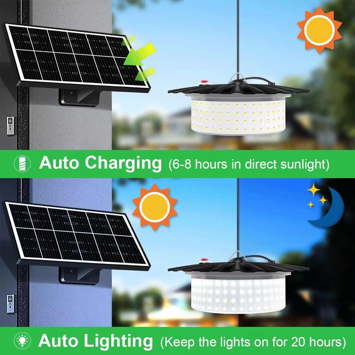 Luces solares colgantes para cobertizo, 3000 K/4000 K/6500 K/360 °/luces regulables con sensor de movimiento con control remoto, cable de 16.4 pies para cobertizo, kiosco, gallinero, hogar