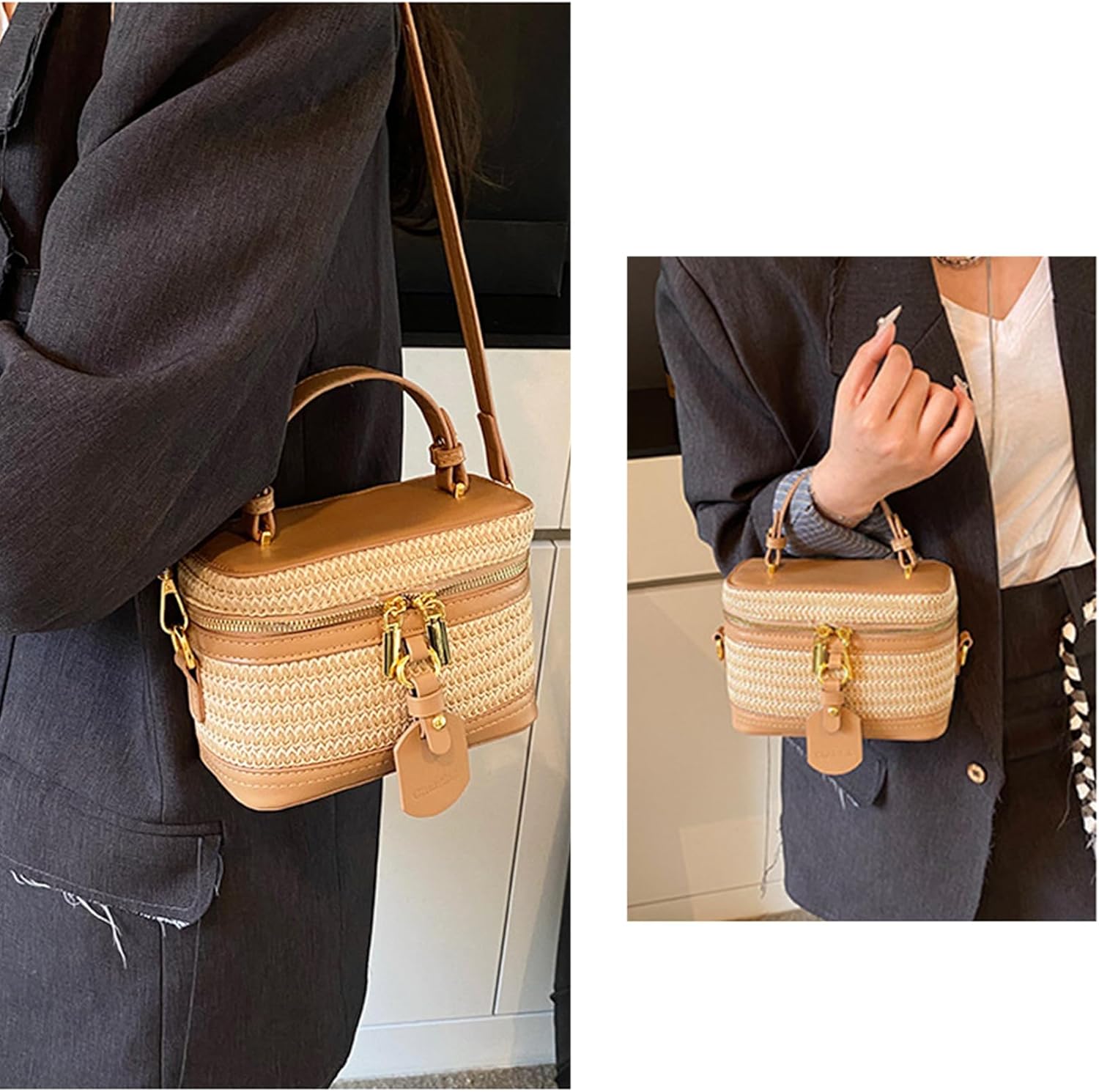 Summer Straw Crossbody Bags For Women Basket Purse Box Purse Bucket Bag Shoulder Straw Vacation Handbags