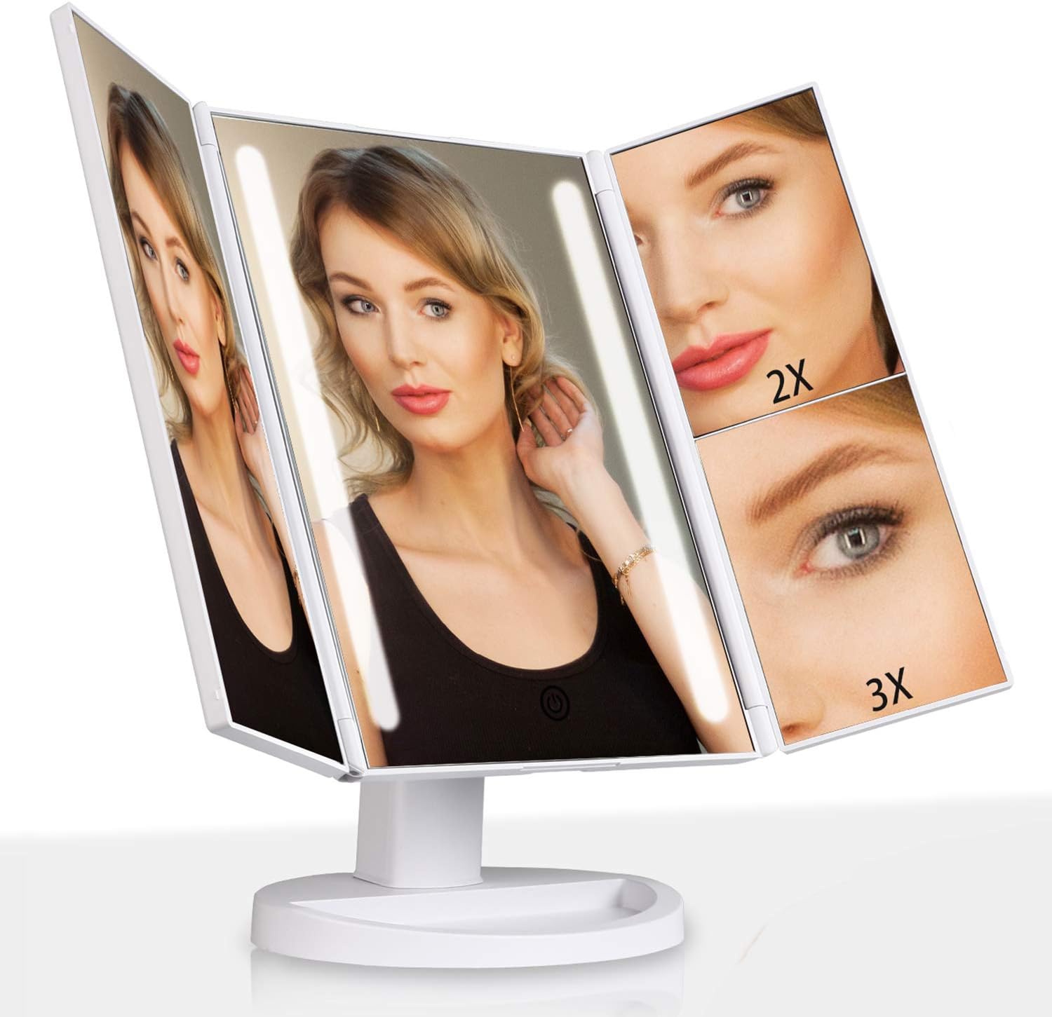 Outtop Lighted Makeup Mirror, LED Vanity Makeup Mirror with Lights and 3X/2X Magnification, Dimmable Touch Screen Tabletop Cosmetic Mirrors, 180 Degree Free Rotation, Battery or USB Charging, White