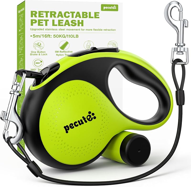 Guia Retrátil para Cães Pecute com Extensão de Aço Antimordida, Faixa Refletiva e Porta-sacos – 5,55 m
