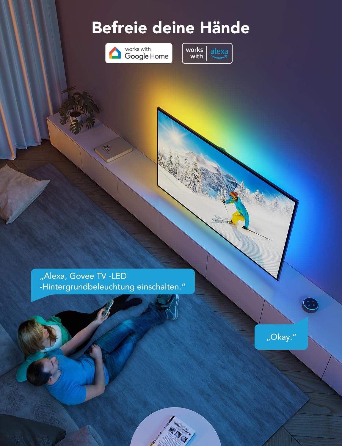Govee TV LED Hintergrundbeleuchtung, RGBIC TV LED Strip für 55-65 Zoll Fernseher, 3,8 M Intelligente LED Streifen mit Bluetooth & WLAN Steuerung, Funktioniert mit Alexa & Google Assistant, Musiksync