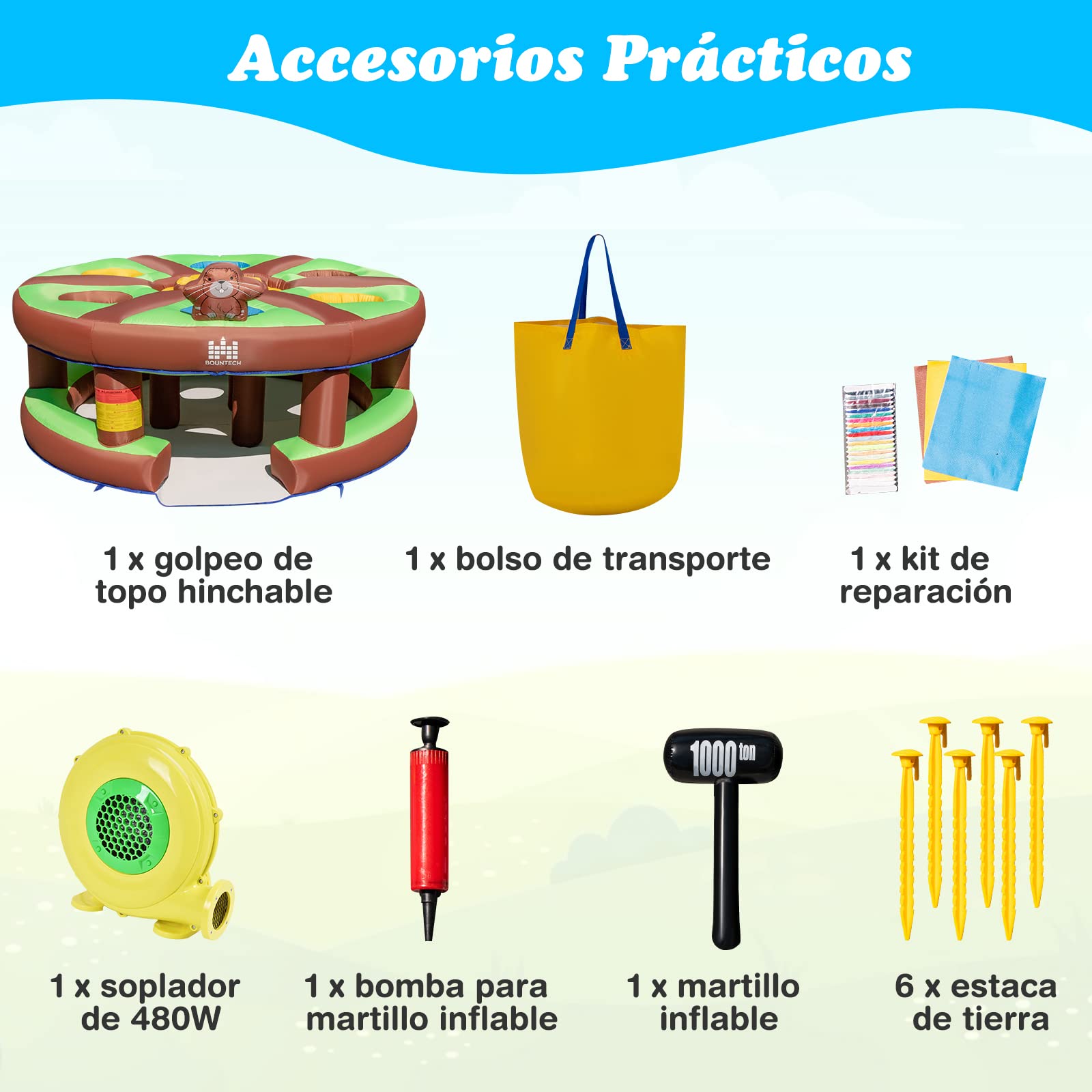 COSTWAY Juego Infantil Hinchable Golpeando un Topo, Juguete con Soplado de 480W, Bate Hinchable, Palos, Juego Interactivo para Patio, Parque, Fiesta, Regalo para Mayores de 3 Años
