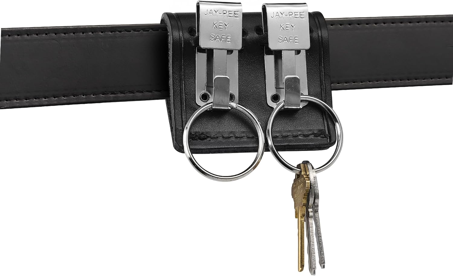 JAY-PEE Metal Key Ring Holder on Leather Belt Loop Mount Slide-On fits up to 2.25” Wide Duty Belts Chrome Hardware