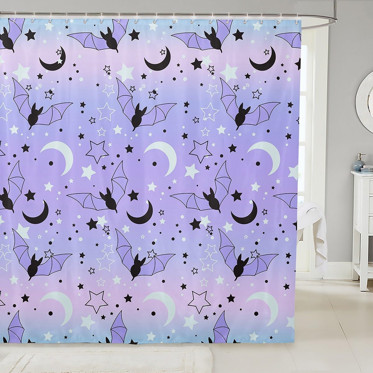 Erosebridal Halloween Bat Shower Curtain 72"W x 72"L, Pastel Pink, Teal, Purple, Waterproof, Modern, Grommet Top, Unisex, Indoor, Bathroom