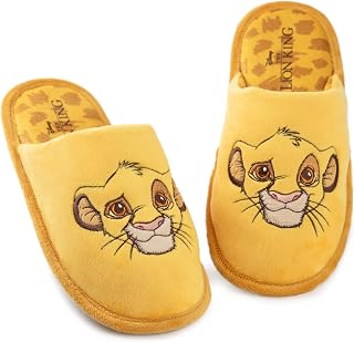Disney The Lion King Womens Slippers | Ladies Simba Indoor Fur Mules in Yellow Embroidered Animal Slip On House Shoes