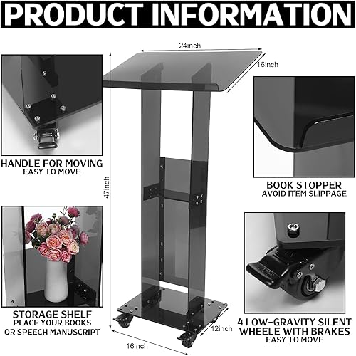 Miniatura 2 de Chitidr Soporte de podio de acrílico con ruedas con cerradura de 47 pulgadas, atril de podio transparente de pie, podio de habla, púlpito moderno de
