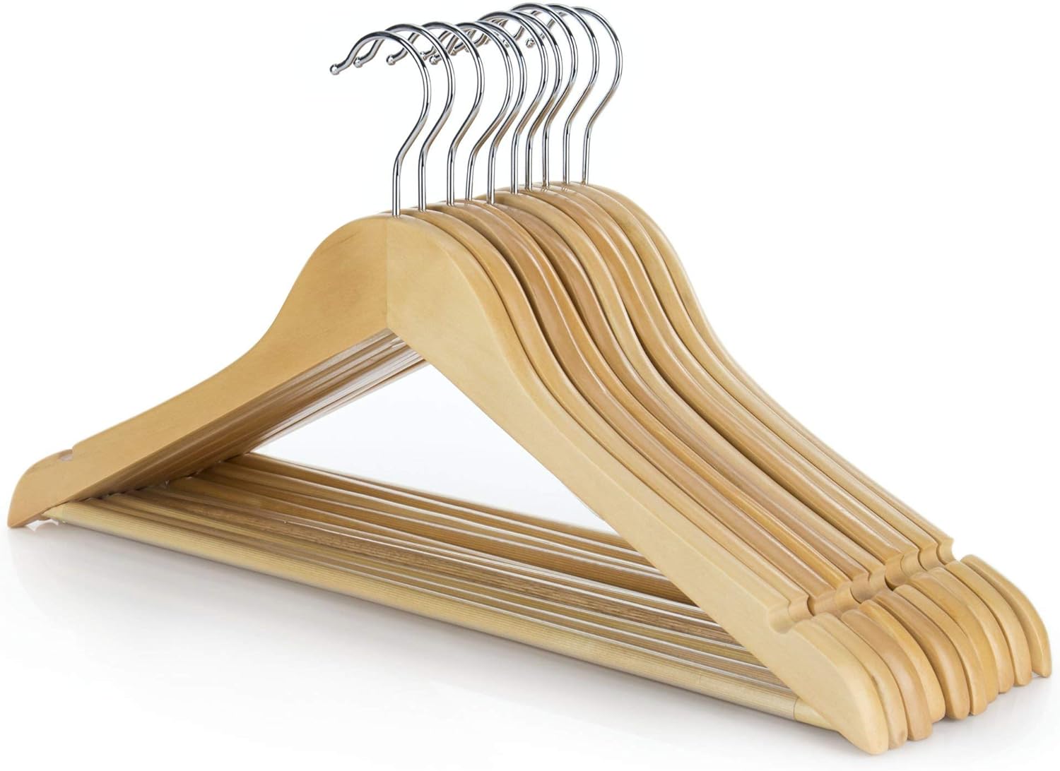 Pack of 10 Wooden Coat Clothes Hangers with Non Slip Trouser Bar,45Cm,