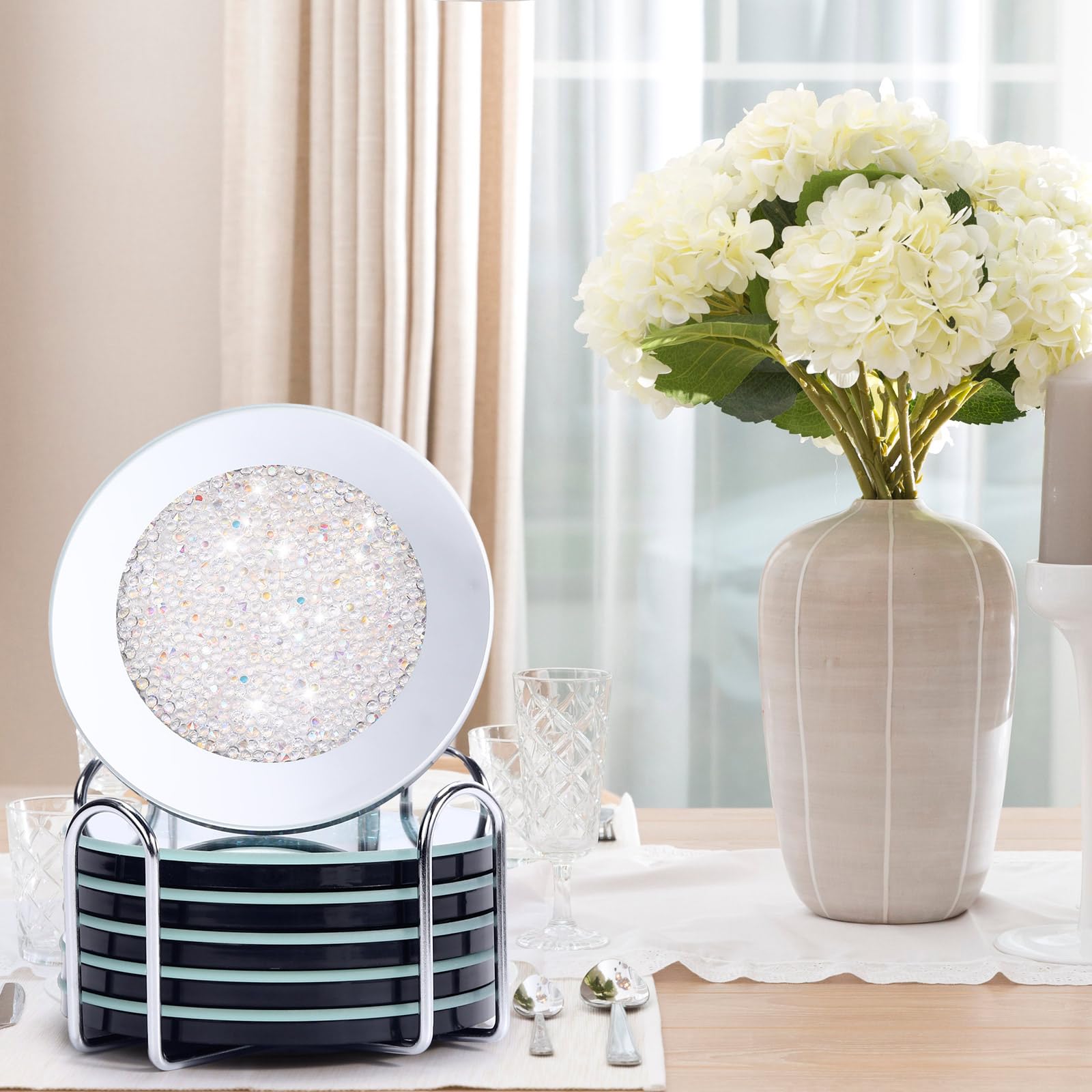 Jetec Mirrored Glass Coaster Set of 6 with 1 Holder 4" Crushed Diamond Round Cup Mat Glitter Crystal Rhinestone Glass Coaster Bling Table Decor for Bar Kitchen Gift for Christmas(White,4 Inch) - Image 4