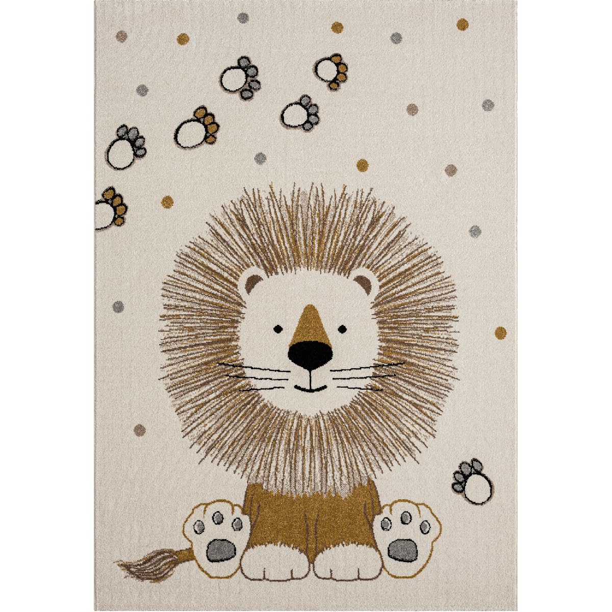 Tapis Enfant Couloir, 120 X 170 Cm, Écru, Motif Lion Empreintes Pois, Tissé en Turquie Poils Ras, Style Doux pour Chambre, 9598
