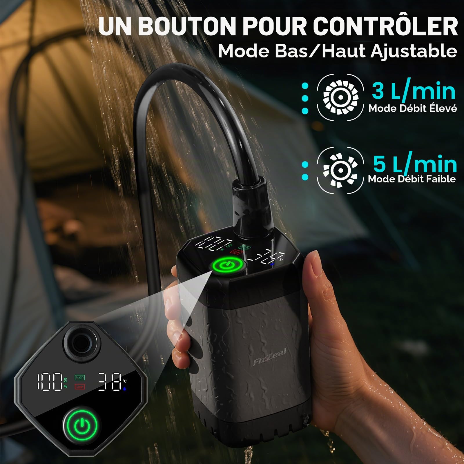 Douche portable avec chauffage, douche portable pour camping avec chauffage automatique de 2000 W, 4 modes de pulvérisation, durée de 140 minutes, affichage LED, pompe de douche portable, douche