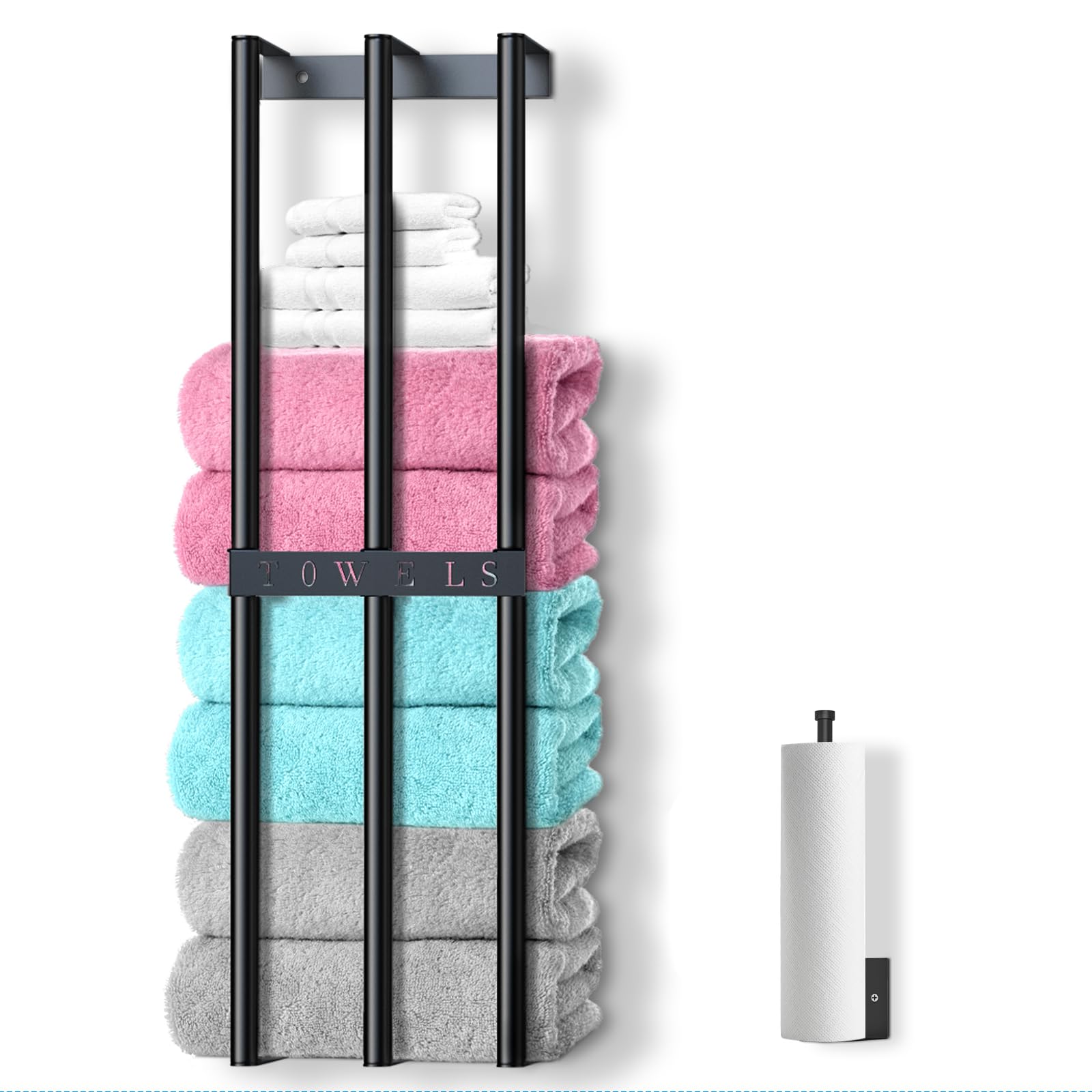 Towel Racks for Bathroom Wall, Vertical Towel Storage for Small Bathroom, 3 Bar Stainless Steel Wall Mounted Towel Rack for Rolled Towels, Bath Towels Organizer for Bathroom, with a Paper Towel Holder