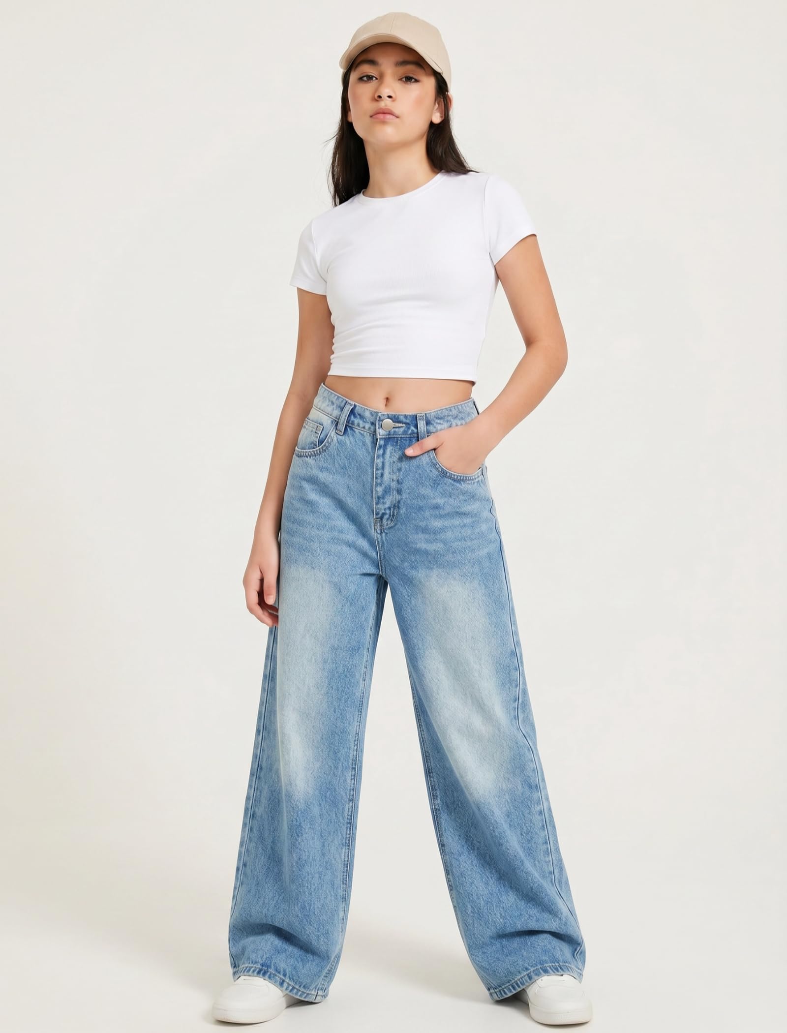 EXARUS Jeans da ragazza larghi gamba larga carino teen tween pantaloni lunghi in denim vestiti alti junior elastico tasche
