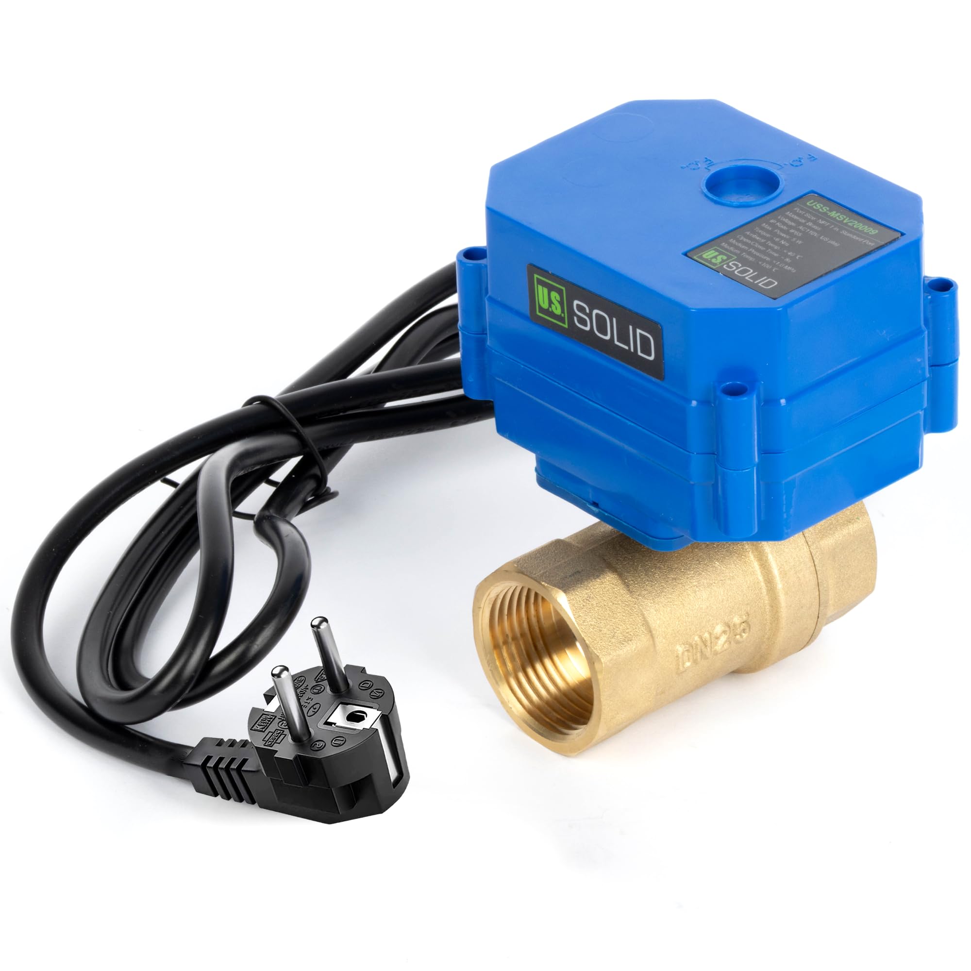 U.S. Solid Válvula de bola motorizada de 1 pulgada con enchufe, 220 V AC DN25, válvula de bola eléctrica de latón de 2 vías, retorno automático, normalmente cerrado