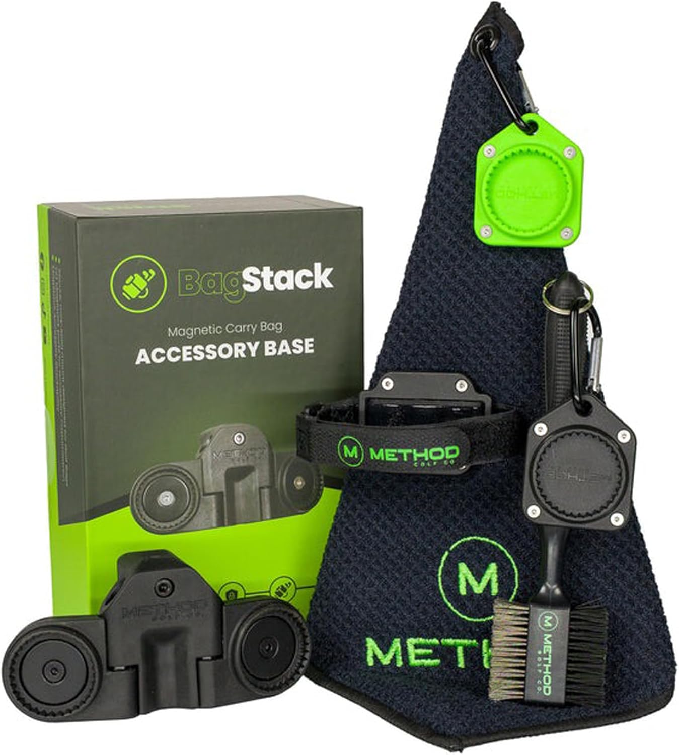 Method Golf BagStack Pro Pack Magnetic Golf Accessories Landing Pad with MagStack Tiles with Towel and Club Brush Plus Rangefinder Strap- Superior Magnet-to-Magnet Interlocking Technology Gear Hub