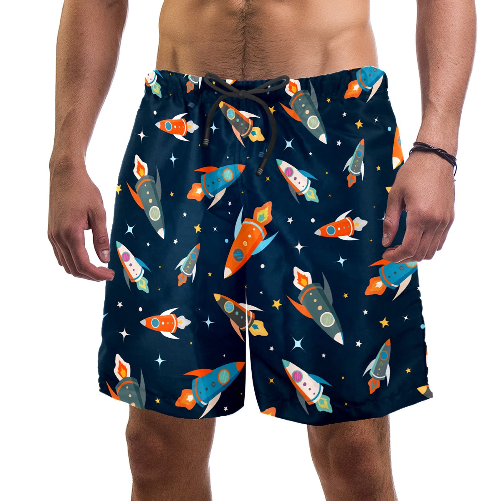 Eslifey Colorful Spaceships Pattern Swim Trunks Elastic Swimsuit Board Shorts for Men