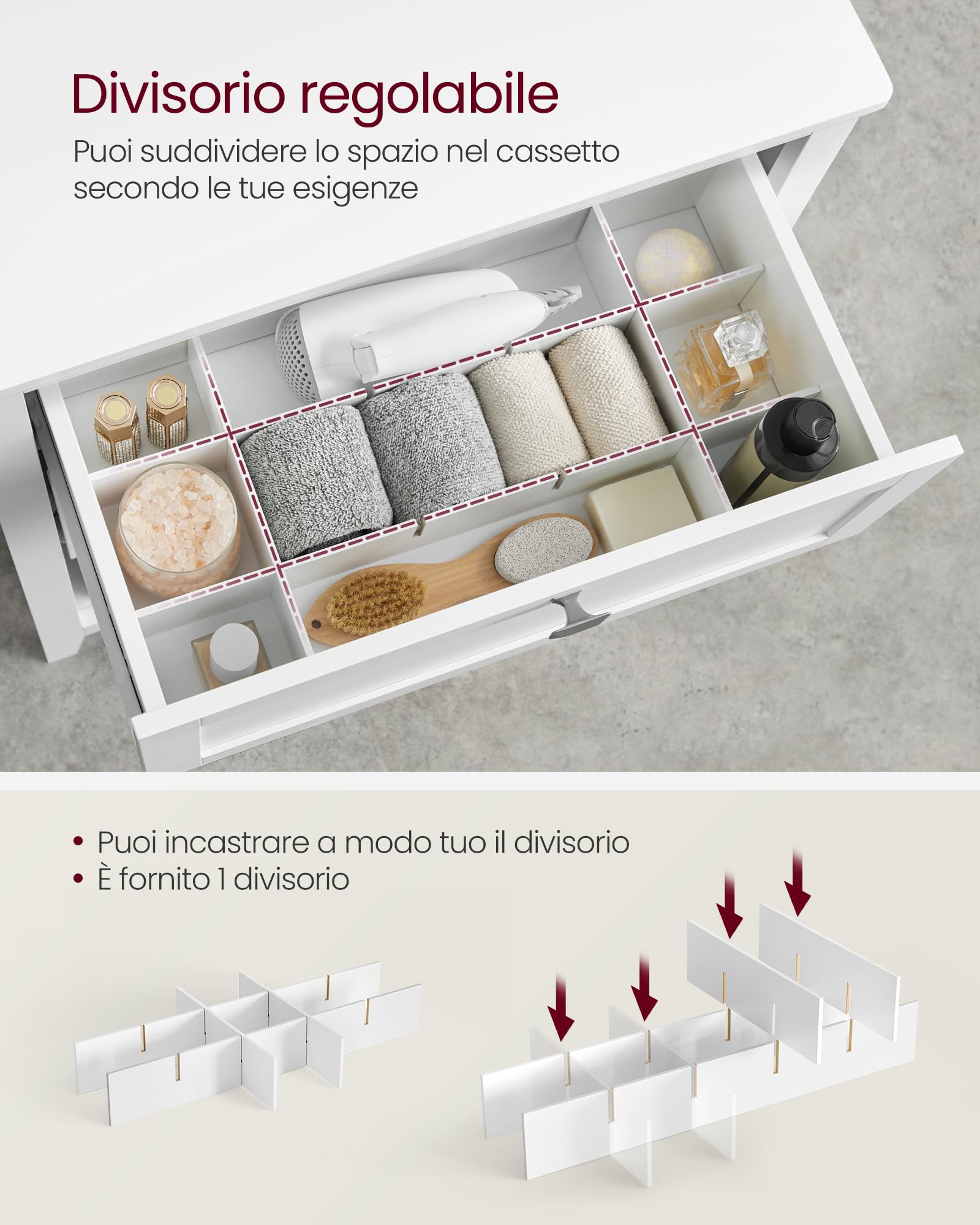 VASAGLE Mobile da Bagno, Mobiletto da Bagno, 2 Cassetti con 1 Set di Divisori Regolabili, 2 Cestini, Credenza, 30 x 60 x 80 cm, Bianco Nuvola BBC545W02