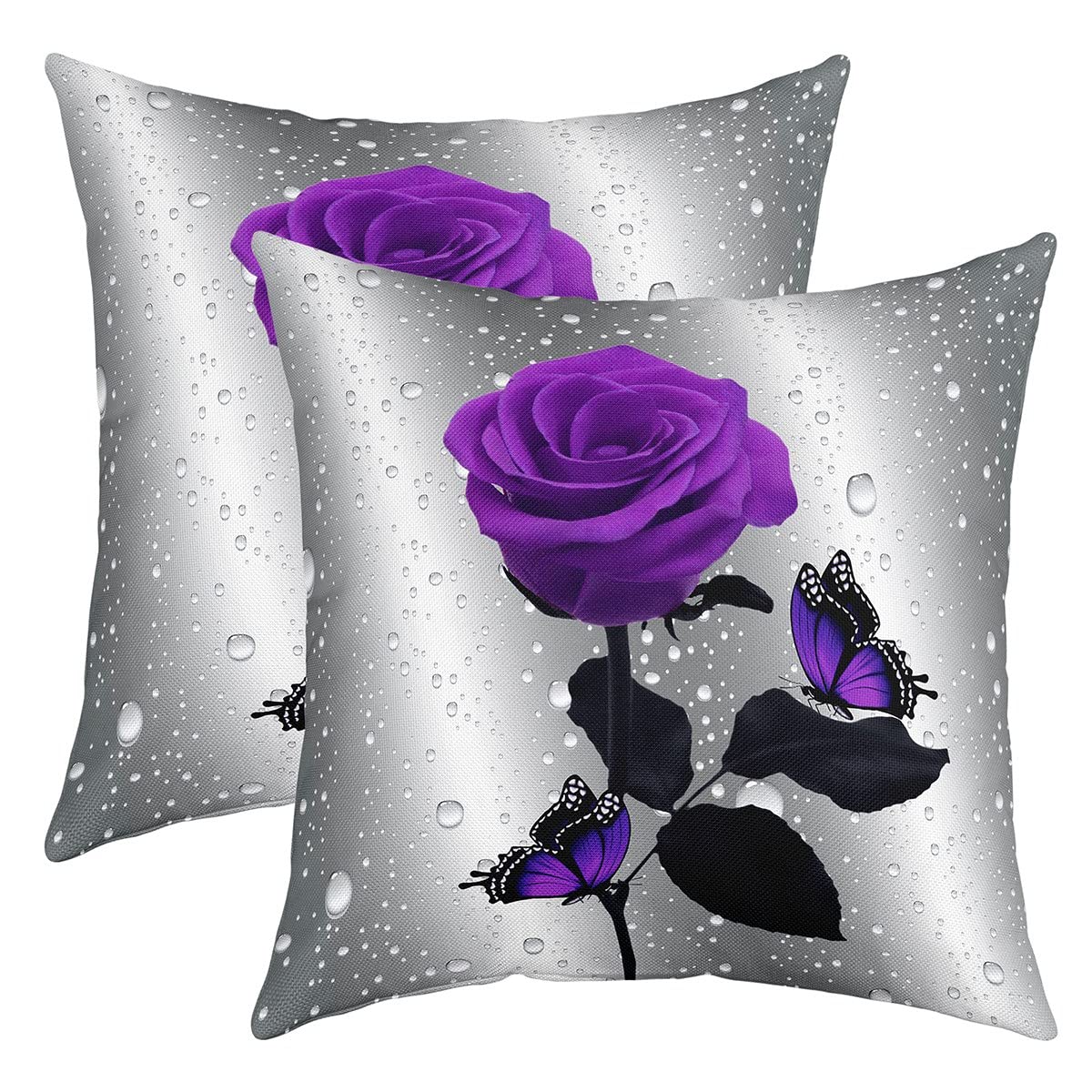Loussiesd Rose Throw Pillow Covers 18"x18" Set of 2 Soft Rose Floral Flower Cushion Covers Pillow Cases For Sofa Bedroom Car Reversible Garden Flower Purple Grey Decorative Throw Pillowcases — image 1