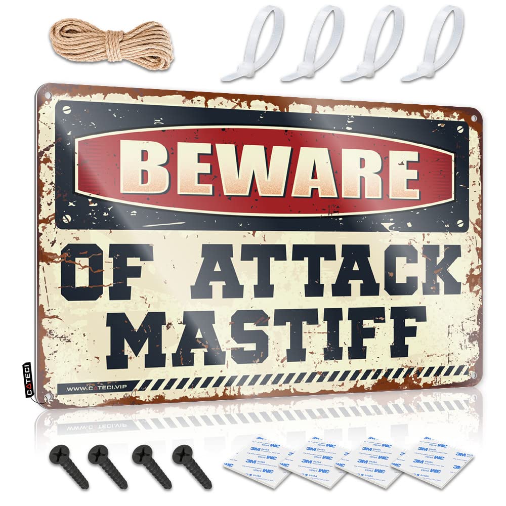 ZTBBDNQHA Things For Boys Room Beware Of Attack Mastiff Tin Sign Backyard Bar Sign Man Cave Sign Decor(30X40CM)