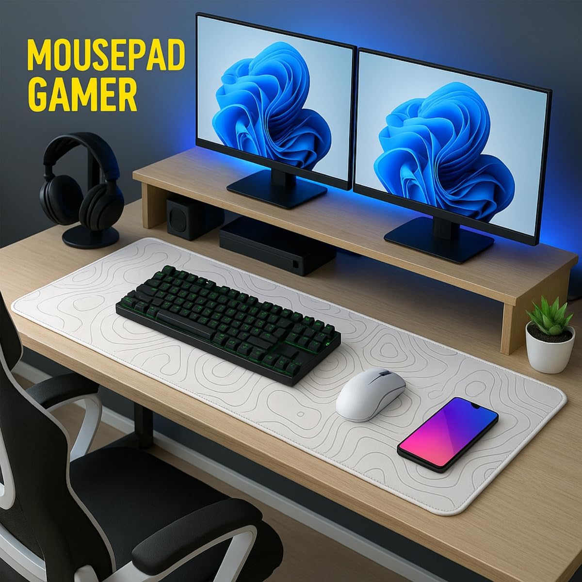 Mousepad Gamer Force One Skyhawk Snow XXL 90x40cm - Precisão Imbatível para FPS, Base Antiderrapante e Superfície de Tecido Premium Branca