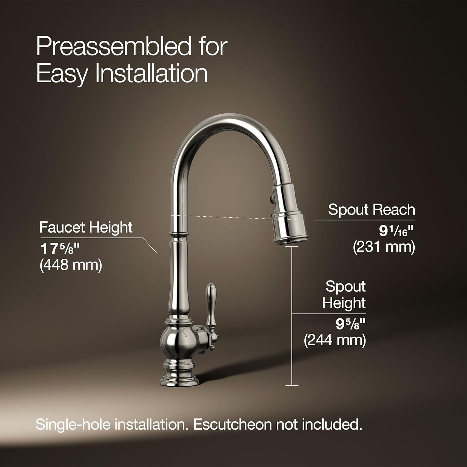 KOHLER K-99259-SN Artifacts Kitchen Sink Faucet, 17.63 x 4.31 x 8.50 Inches, Vibrant Polished Nickel