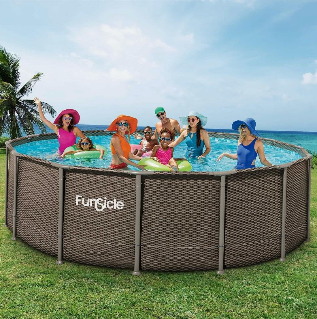 Family enjoying the FUNSICLE Round Tubular Pool in a backyard setting