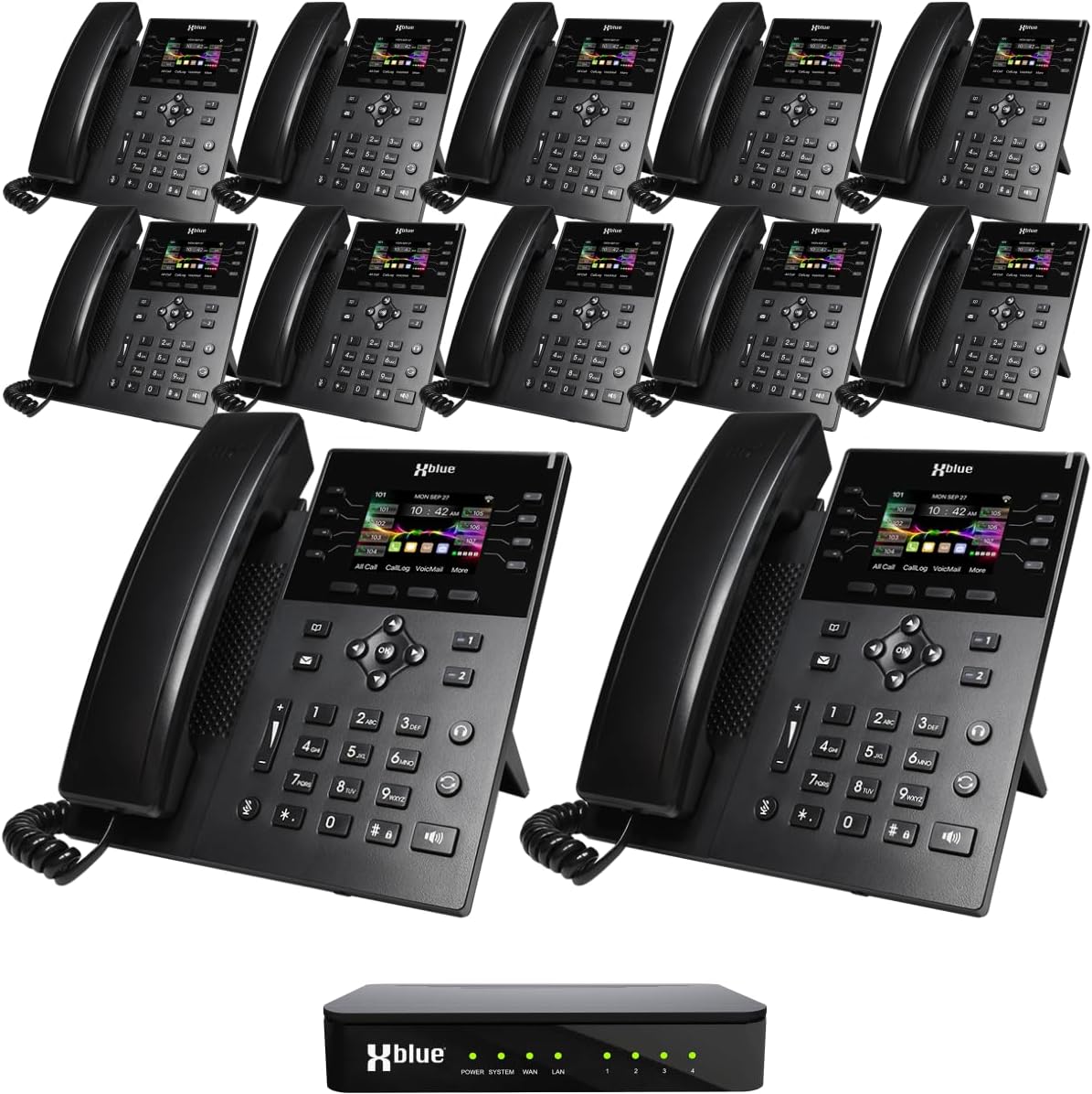 XBLUE QB1 Business Phone System: 12 IP8g Color Phones, 4 Landline Ports, 3 Months Free Service, WFH Smartphone Mobility