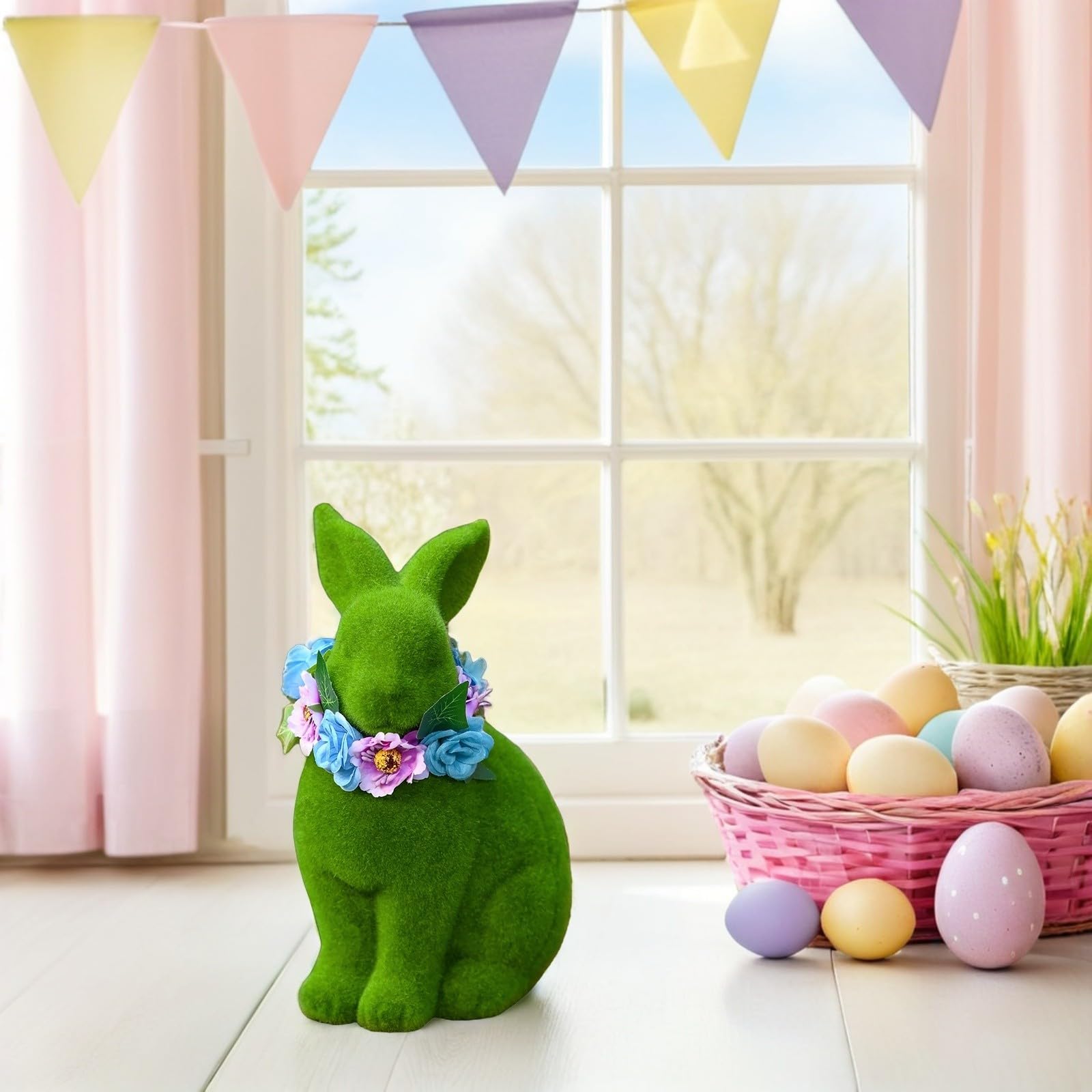 Decorazione Pasquale Coniglio in Resina 25cm Ghirlanda Floccata Verde, Tocco Morbido e Leggero per Arredo Giardino e Festa di Primavera